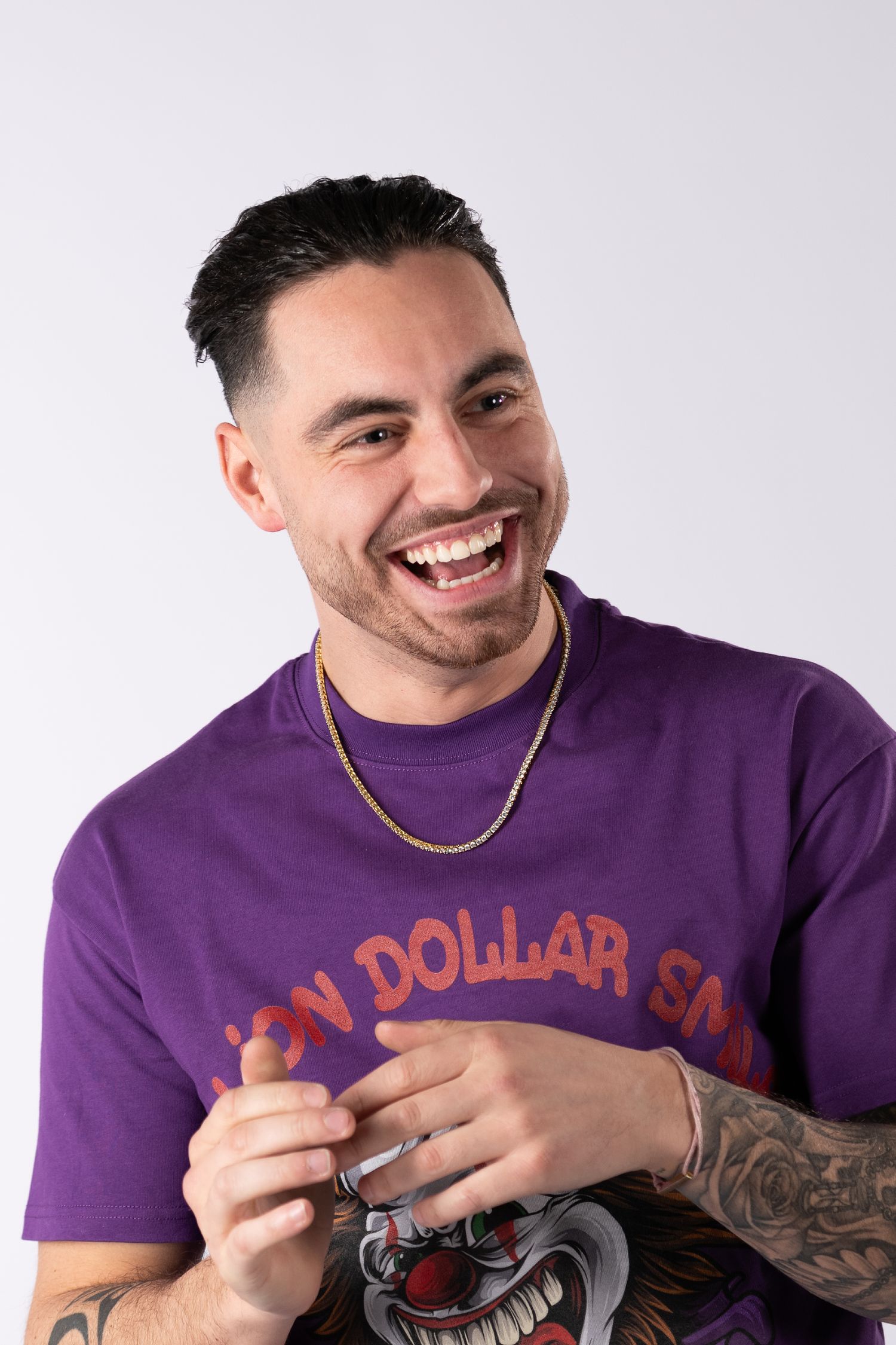 Person in purple t-shirt showing expressive reactions in sequence of connected photos.