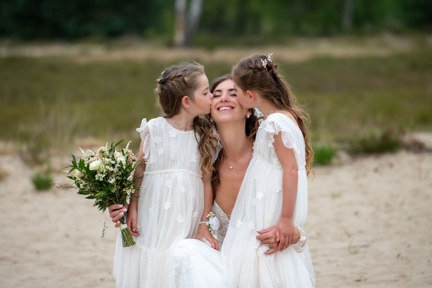 Multiple heartwarming wedding celebration moments captured on a sandy beach with natural lighting.
