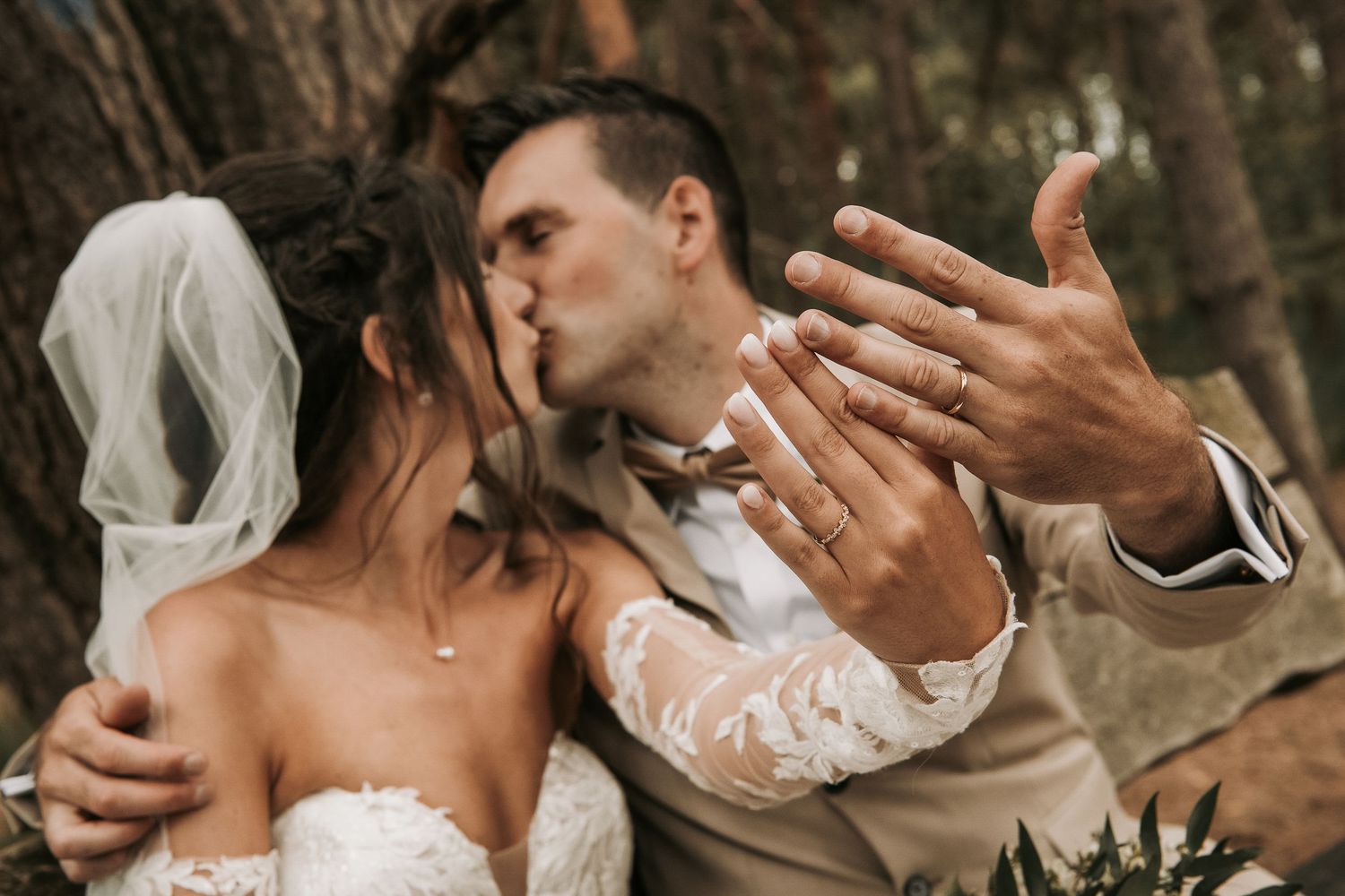 A rustic wedding collage showing tender romantic moments between couples in natural outdoor settings.