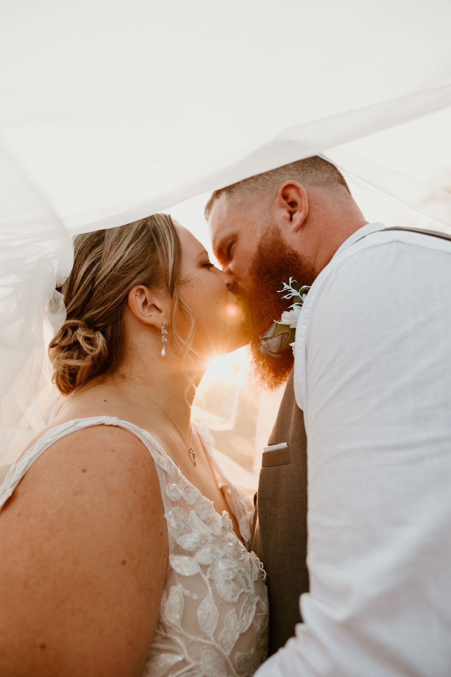 Romantic sunset wedding portrait sequence showing intimate moments between newlyweds against golden light.
