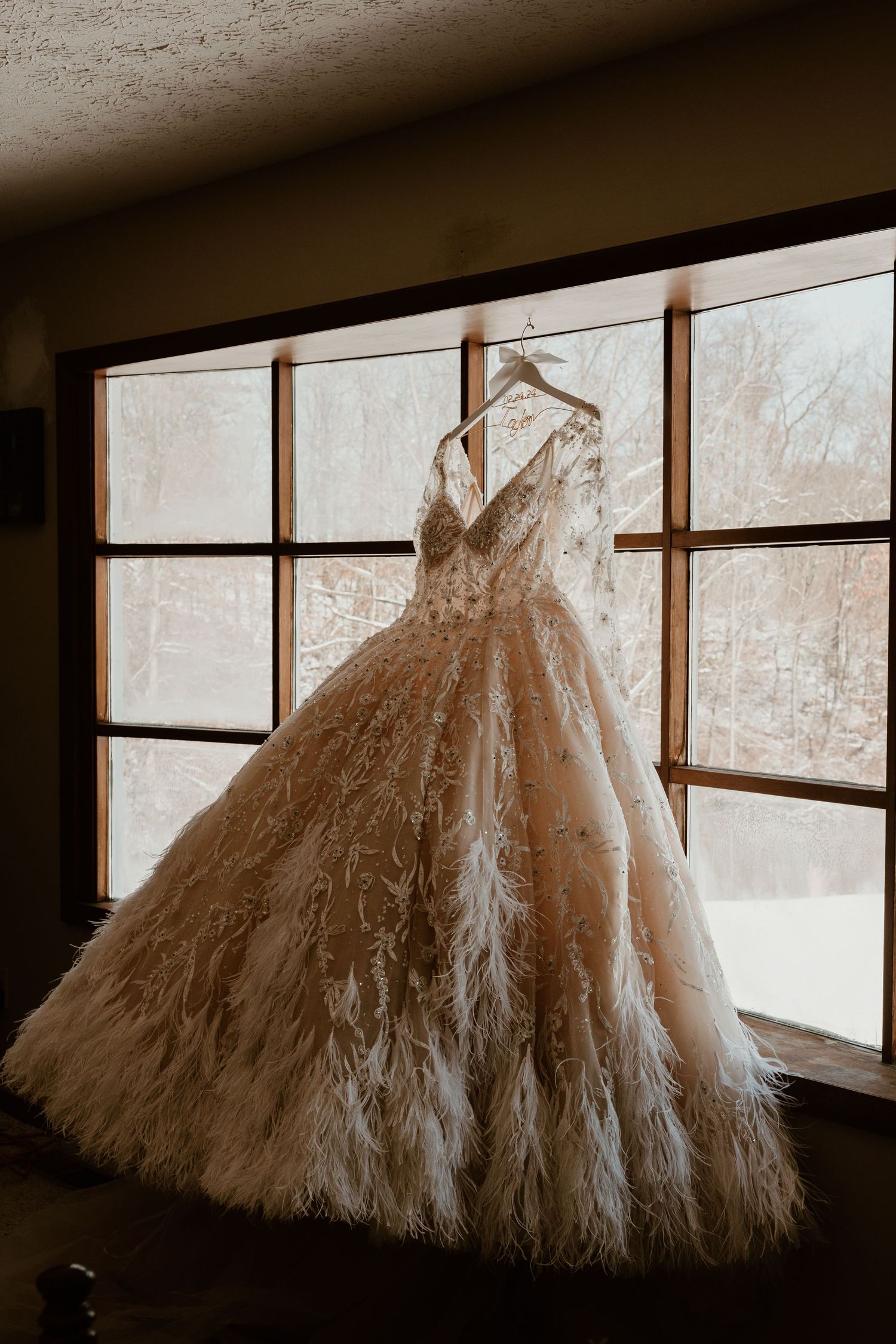 Ethereal wedding gown with textured skirt displayed against natural window lighting.
