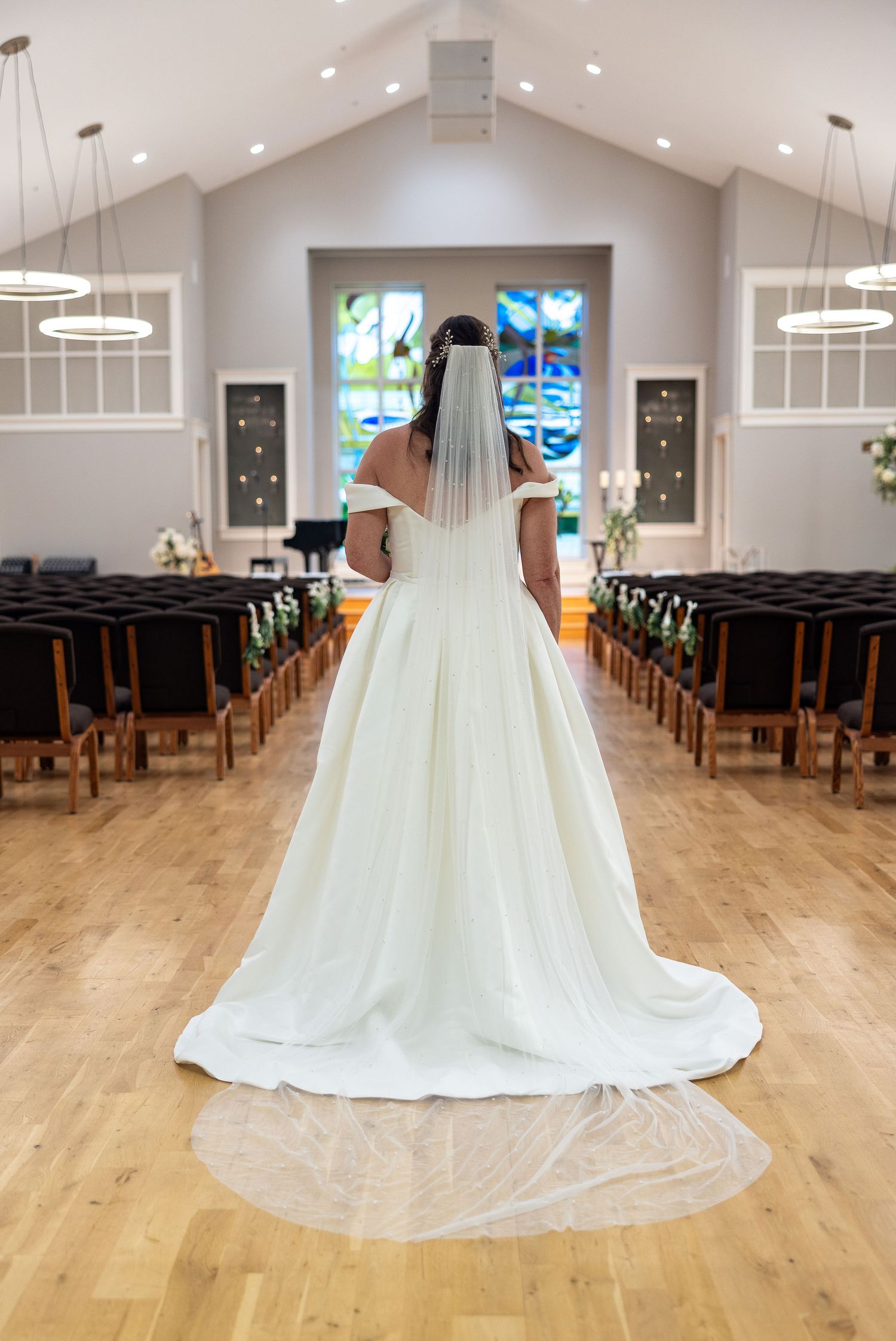 Bride getting ready to walk down the isle on her special wedding day at Seacoast Church in Charleston, SC.