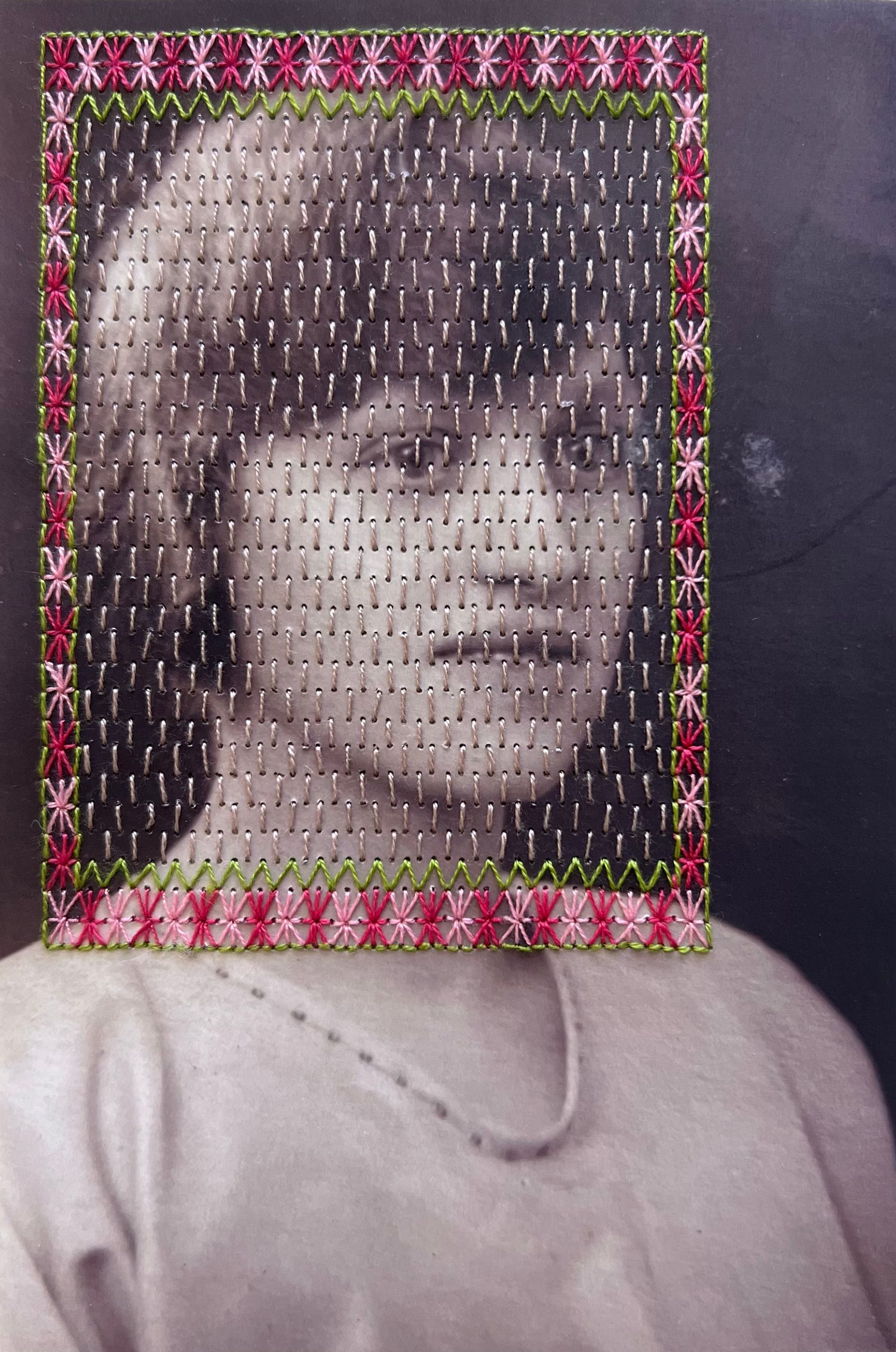 Artwork by Lana Nichols of family photo and embroidery thread from the series 'Lifting the Veil'.