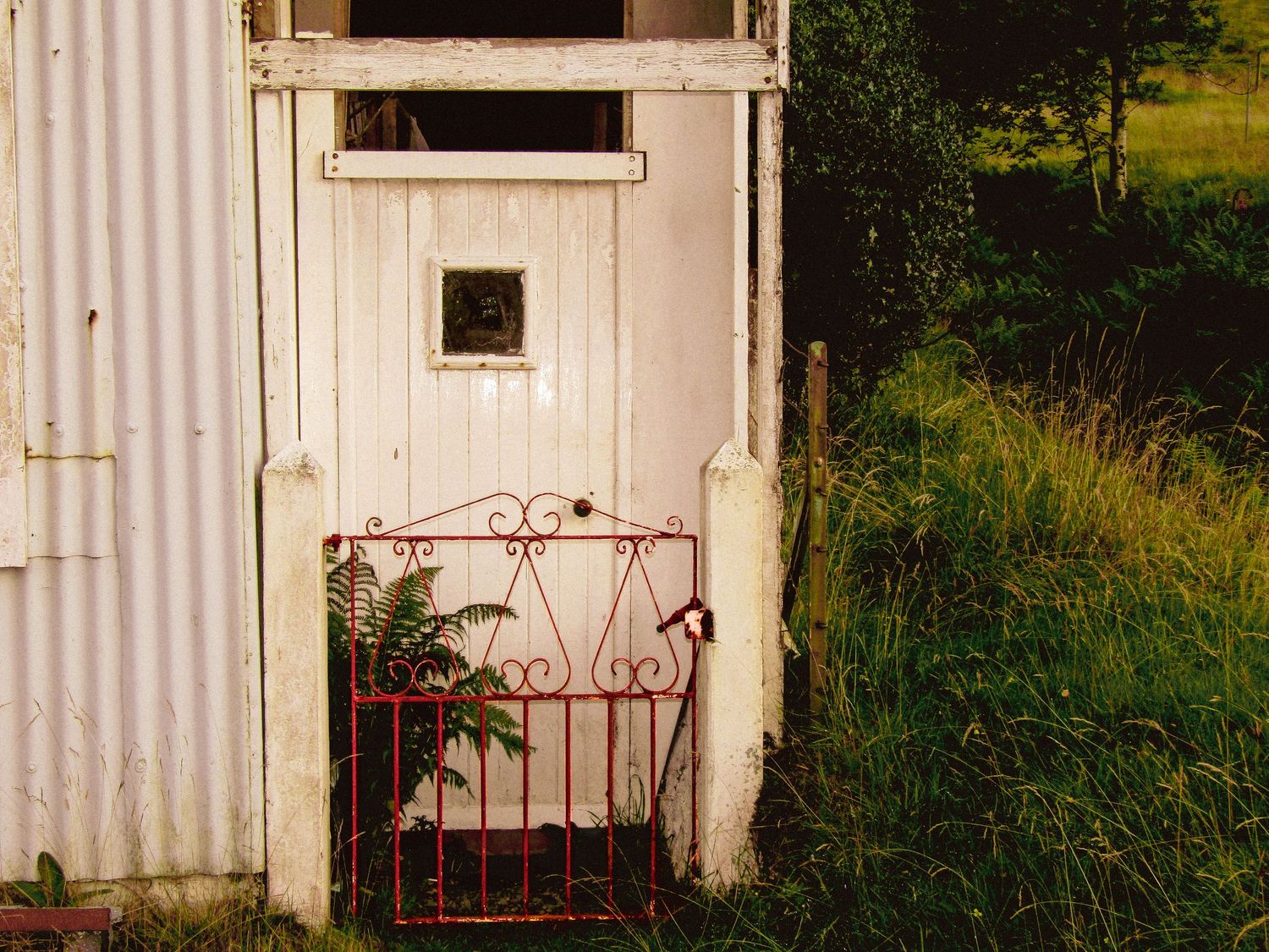 Fine art rustic countryside cottage with red iron gate Scotland, framed wall art prints and downloads.
