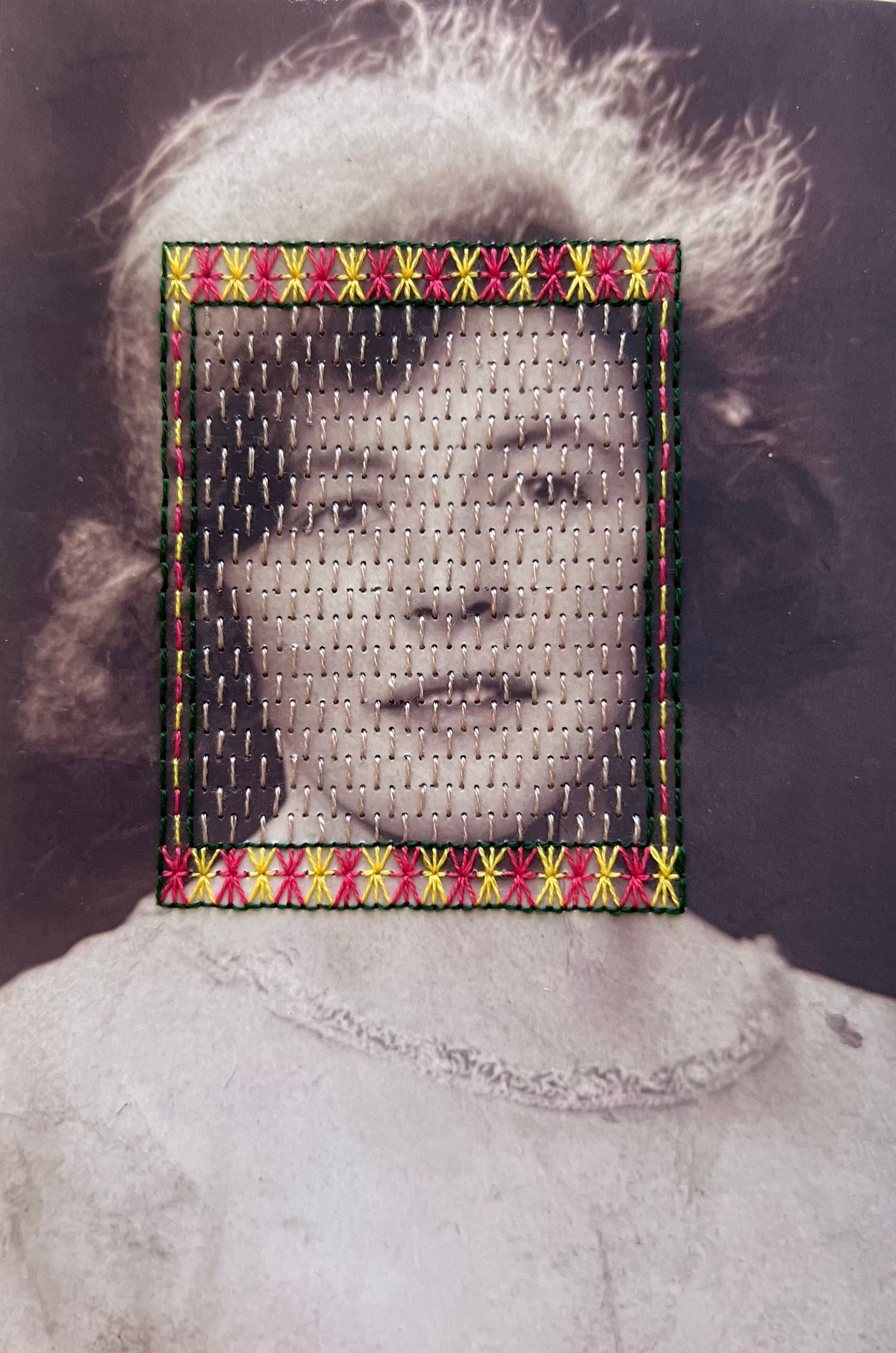 Artwork by Lana Nichols of family photo and embroidery thread from the series 'Lifting the Veil'.