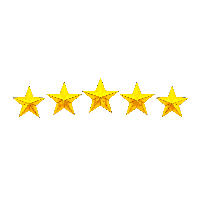 A row of five bright golden yellow stars arranged horizontally, representing a five-star rating or review.