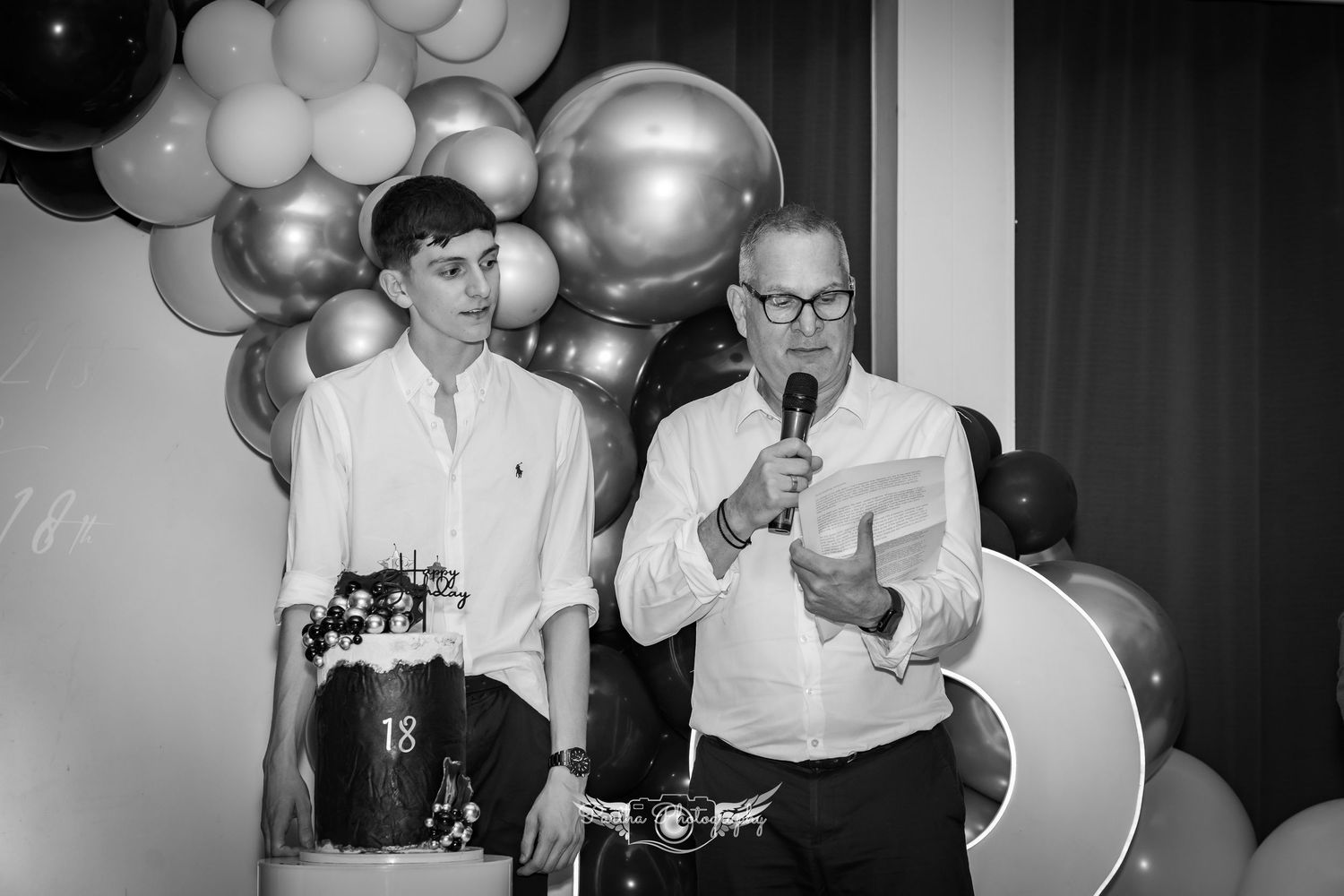 Black and white photo sequence showing people celebrating at a party with balloons in an indoor setting.