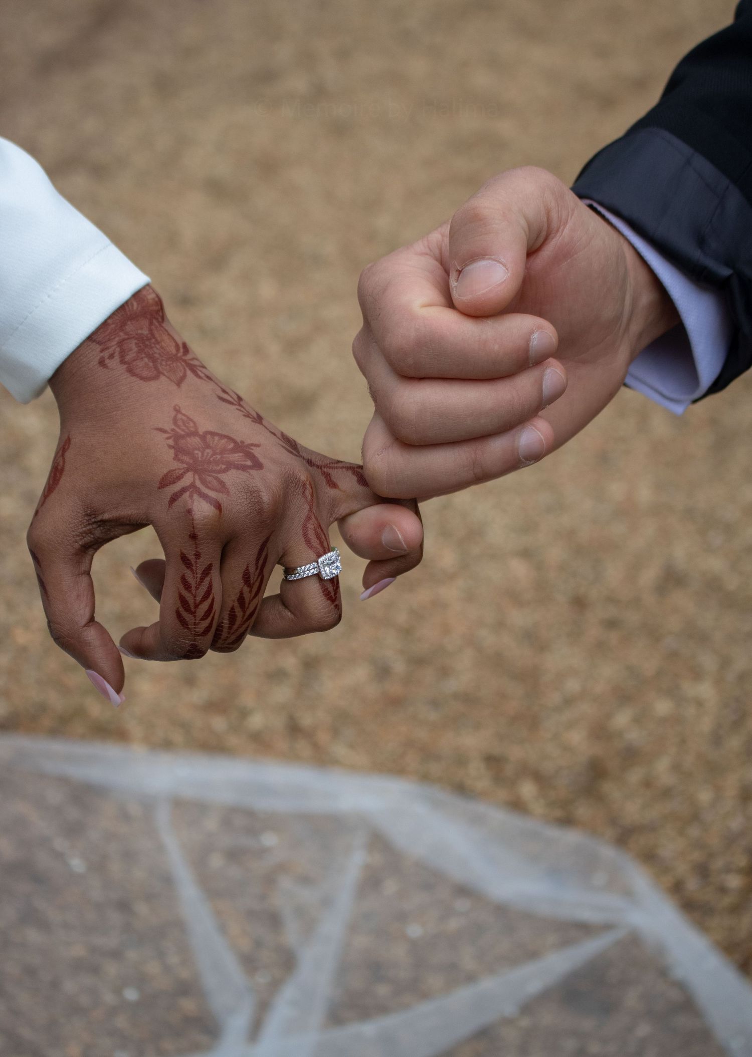 Close-up series of hands holding each other with henna designs and wedding rings in a romantic gesture.