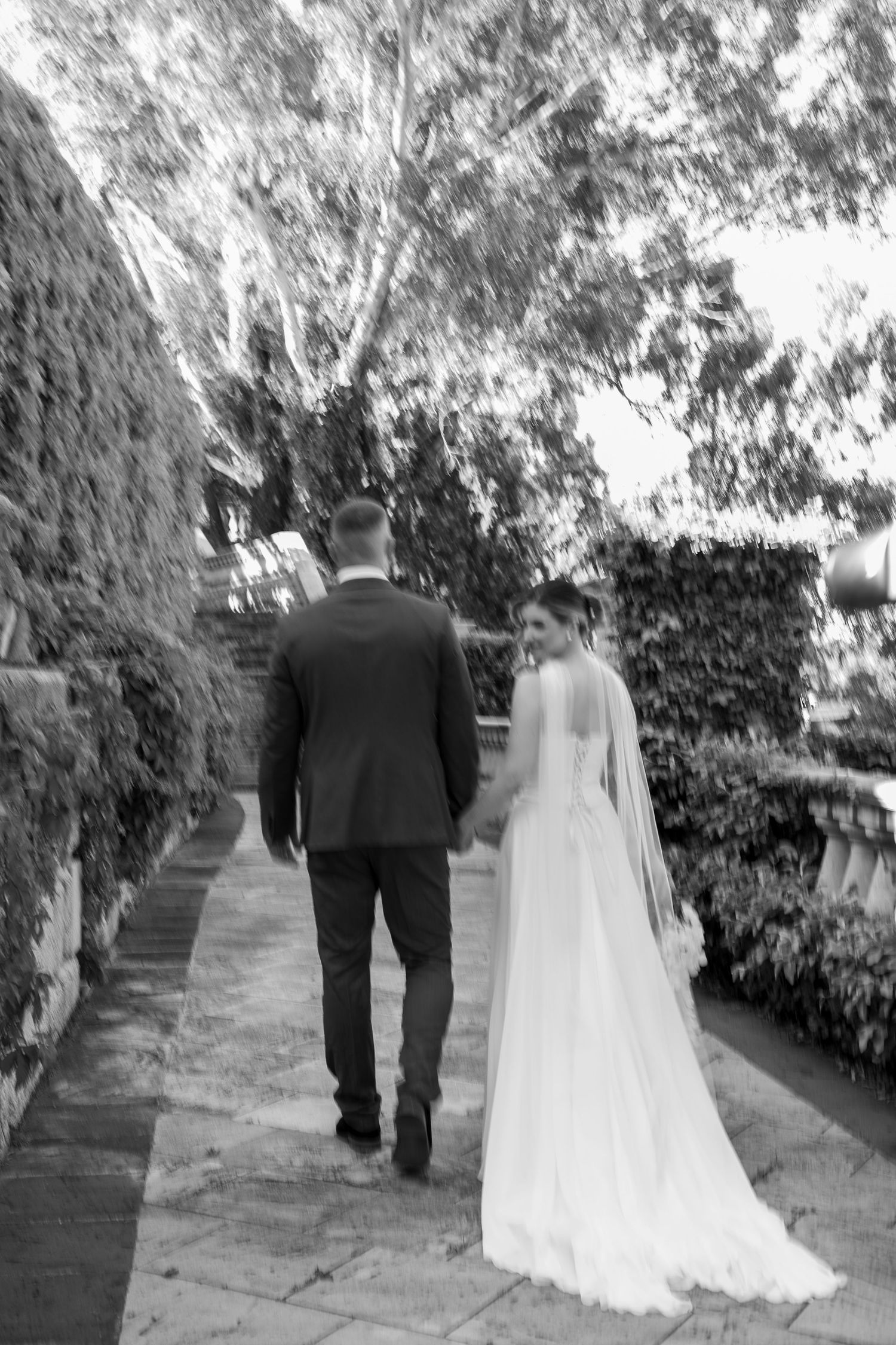 A bride and groom walk down a tree-lined path in a romantic wedding moment captured from behind.