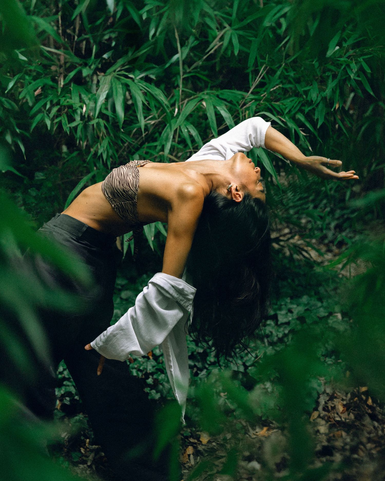 Dancer performs dramatic pose among lush green bamboo forest.