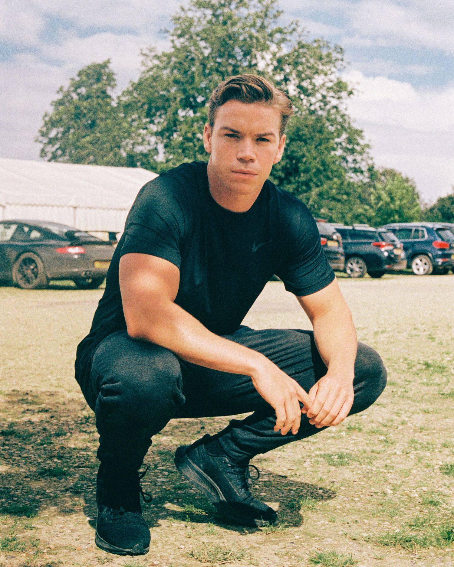 Series of casual poses showing someone crouching on grassy ground.
