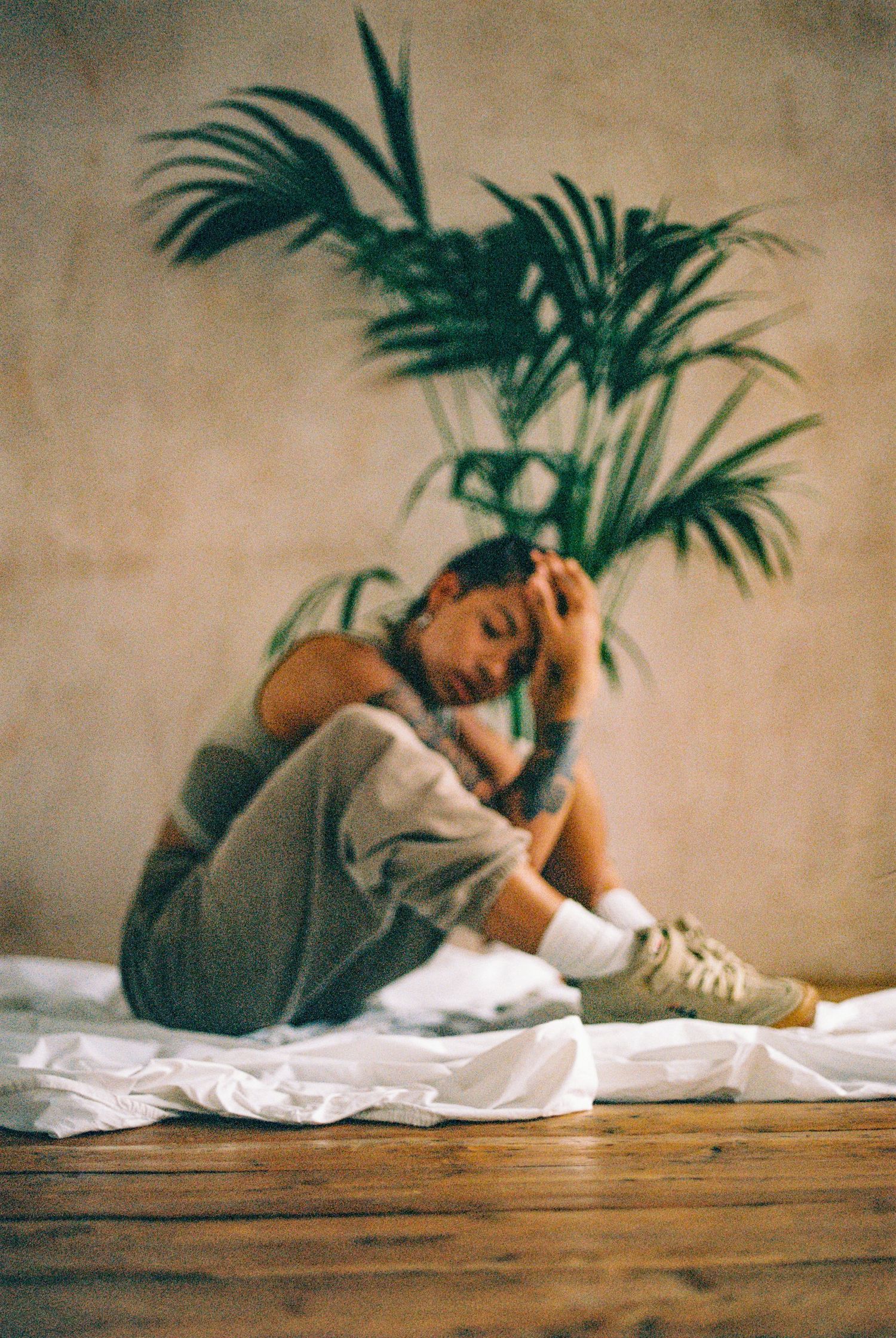 Contemplative pose near a potted palm plant on wooden floor with white fabric.