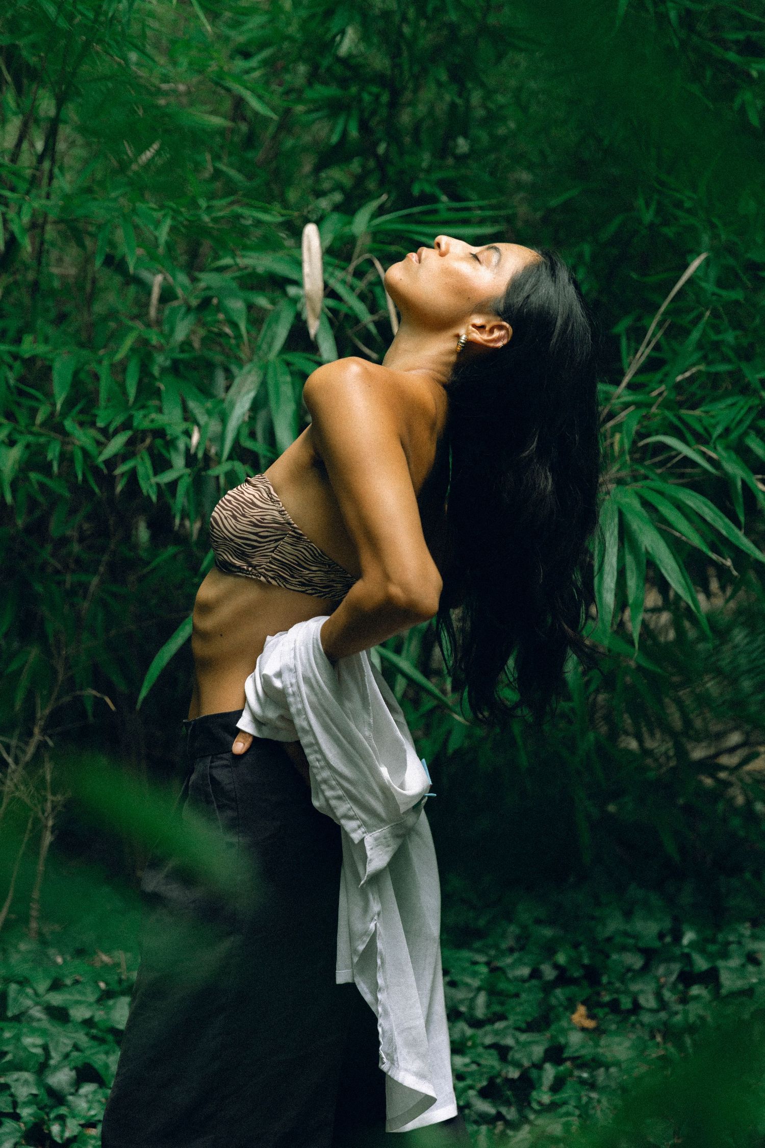 Elegant dance performance captured in a tropical garden setting with bamboo trees.