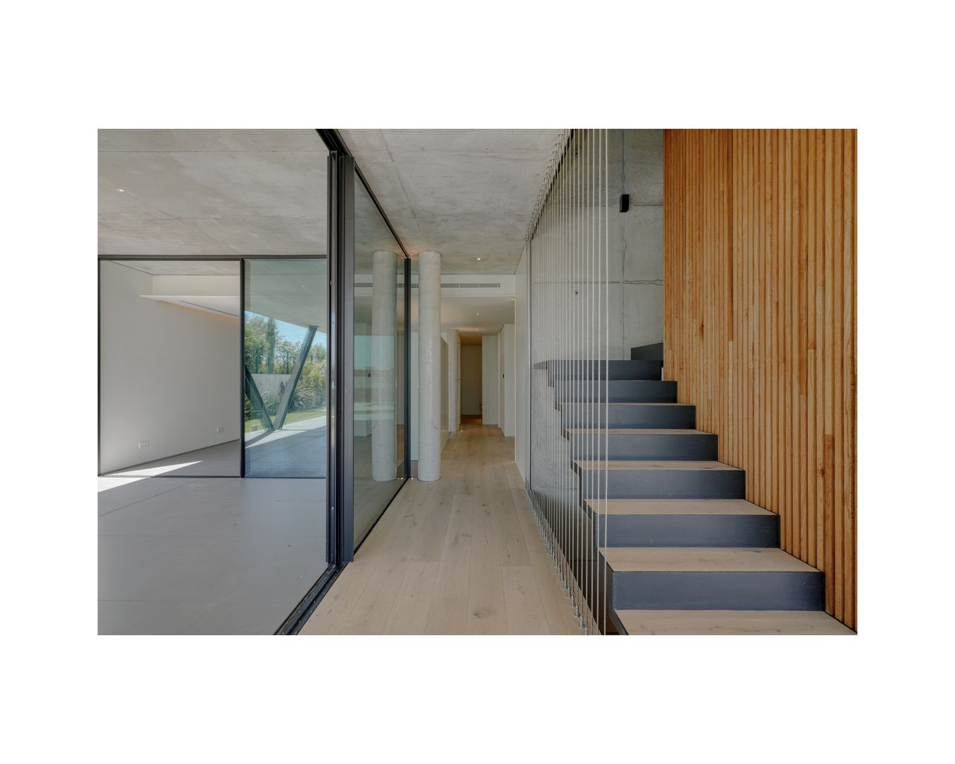 Modern interior hallway with sleek floating staircase, wood paneling, and floor-to-ceiling glass walls.