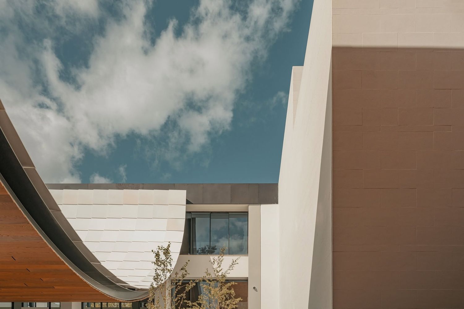Modern architectural building exterior with curved white walls and wooden accents against a blue cloudy sky.