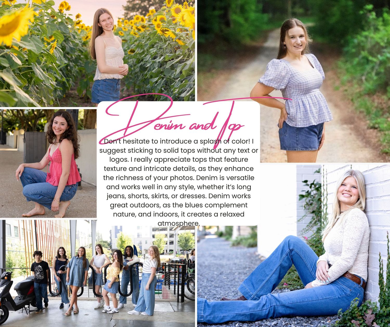 A collection of lifestyle photos showing people in casual outfits sitting and posing outdoors in natural settings.