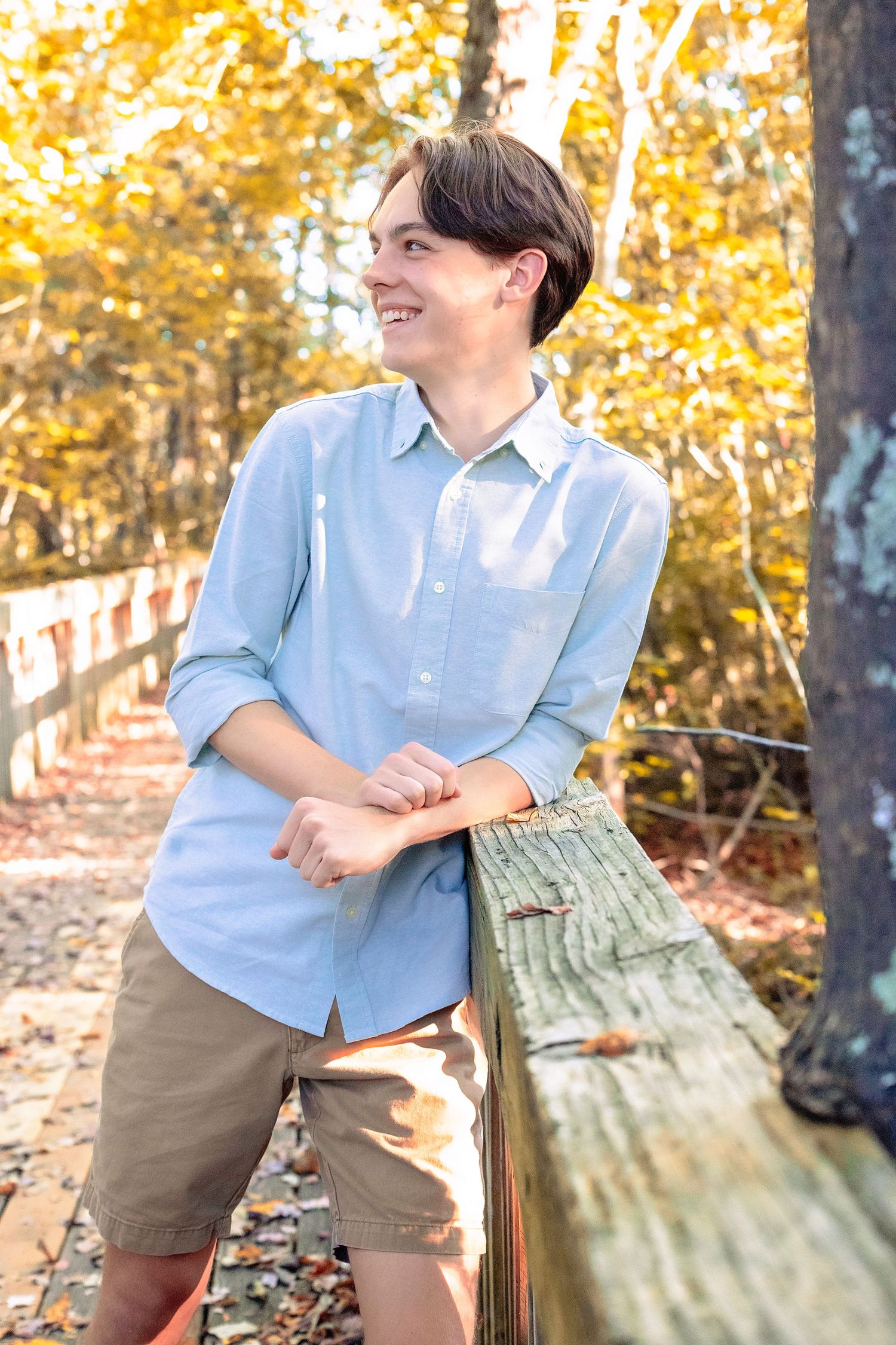 Person in light blue shirt leaning against wooden railing in autumn forest.