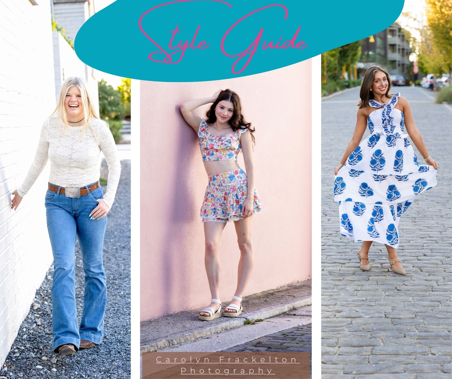 A fashion collage showing various outfits featuring blue and white floral patterns and denim styling combinations.