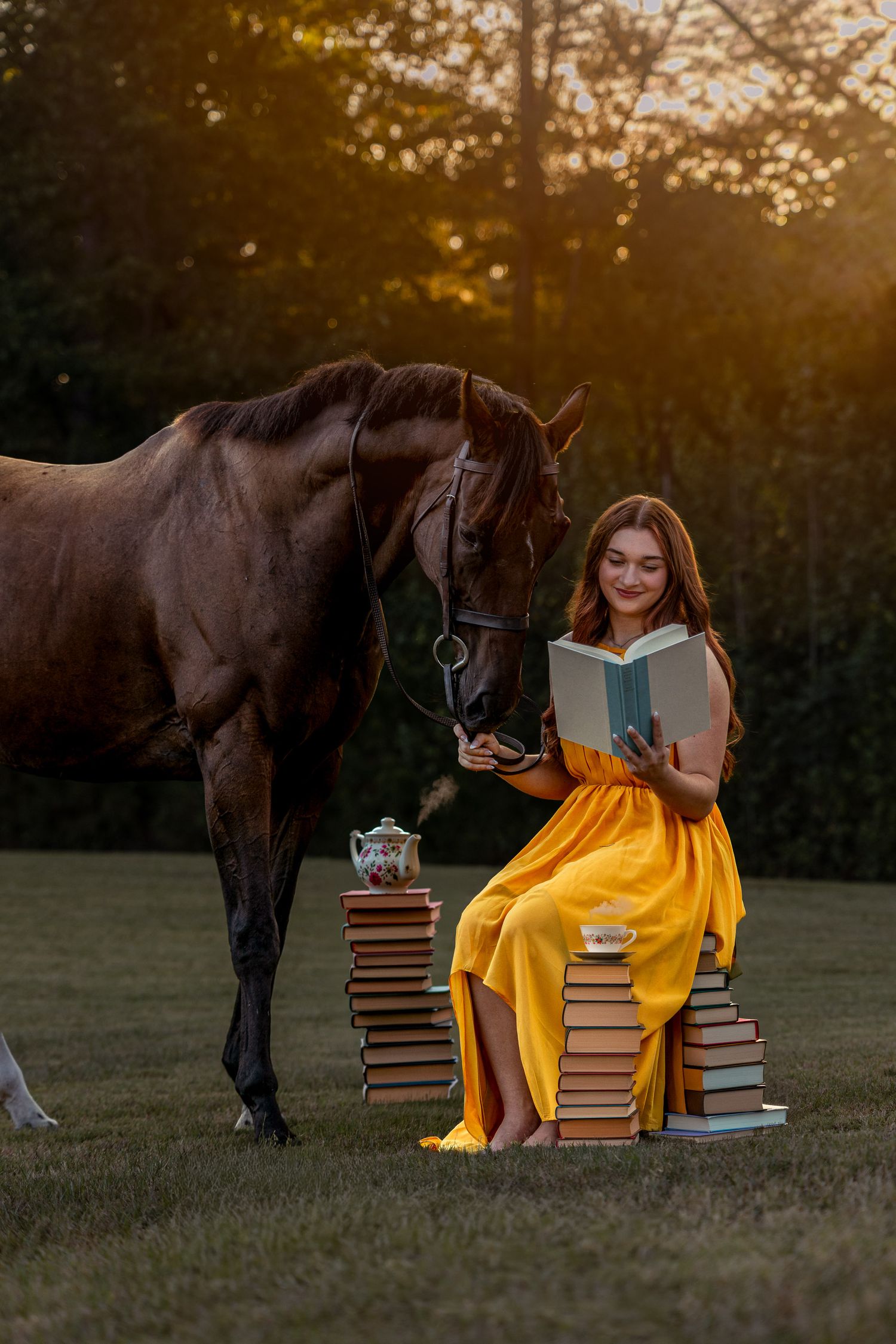 Woman in yellow dress reads book seated on stacked books beside a dark horse at golden hour sunset.