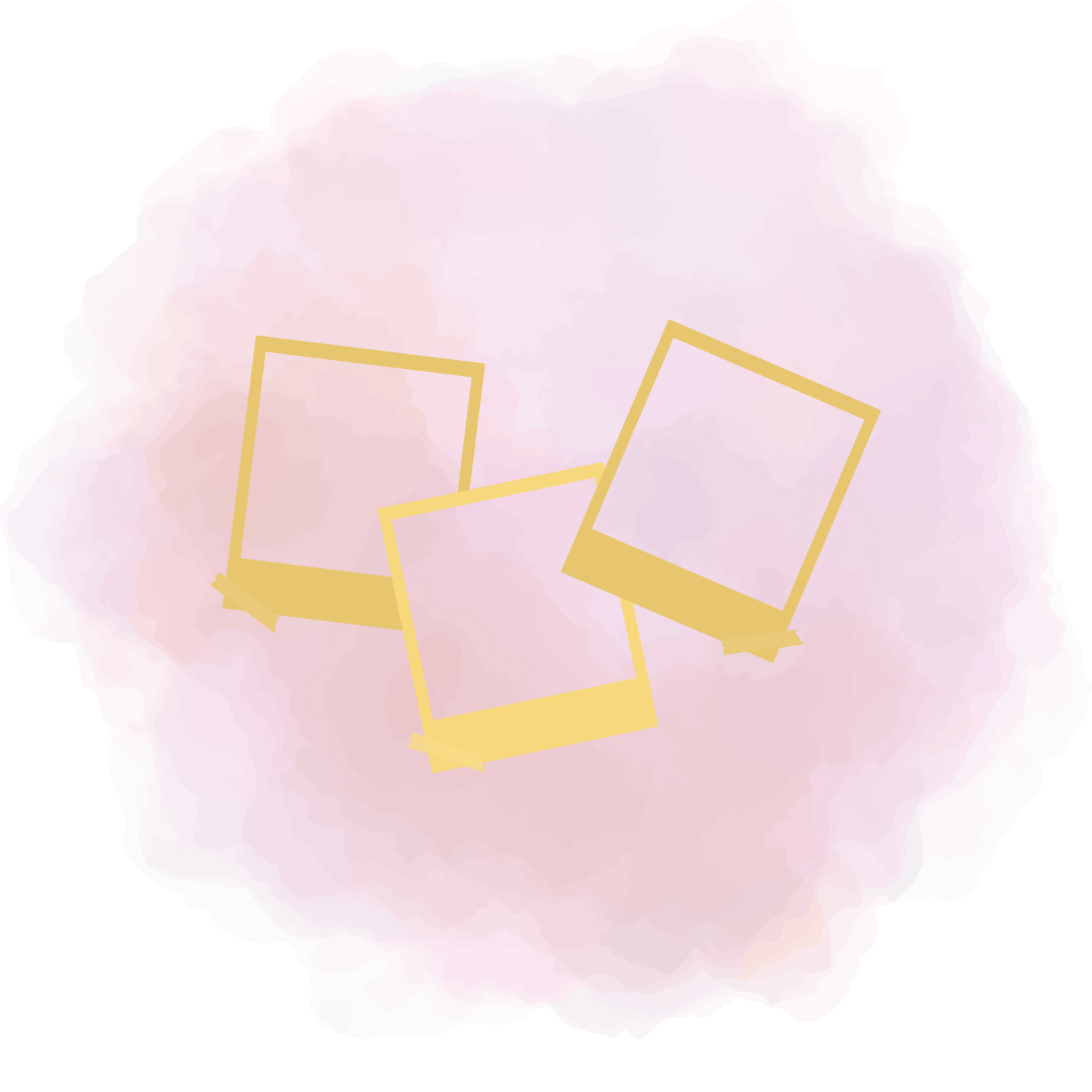 Three polaroid frame icons in gold on pink watercolor texture.