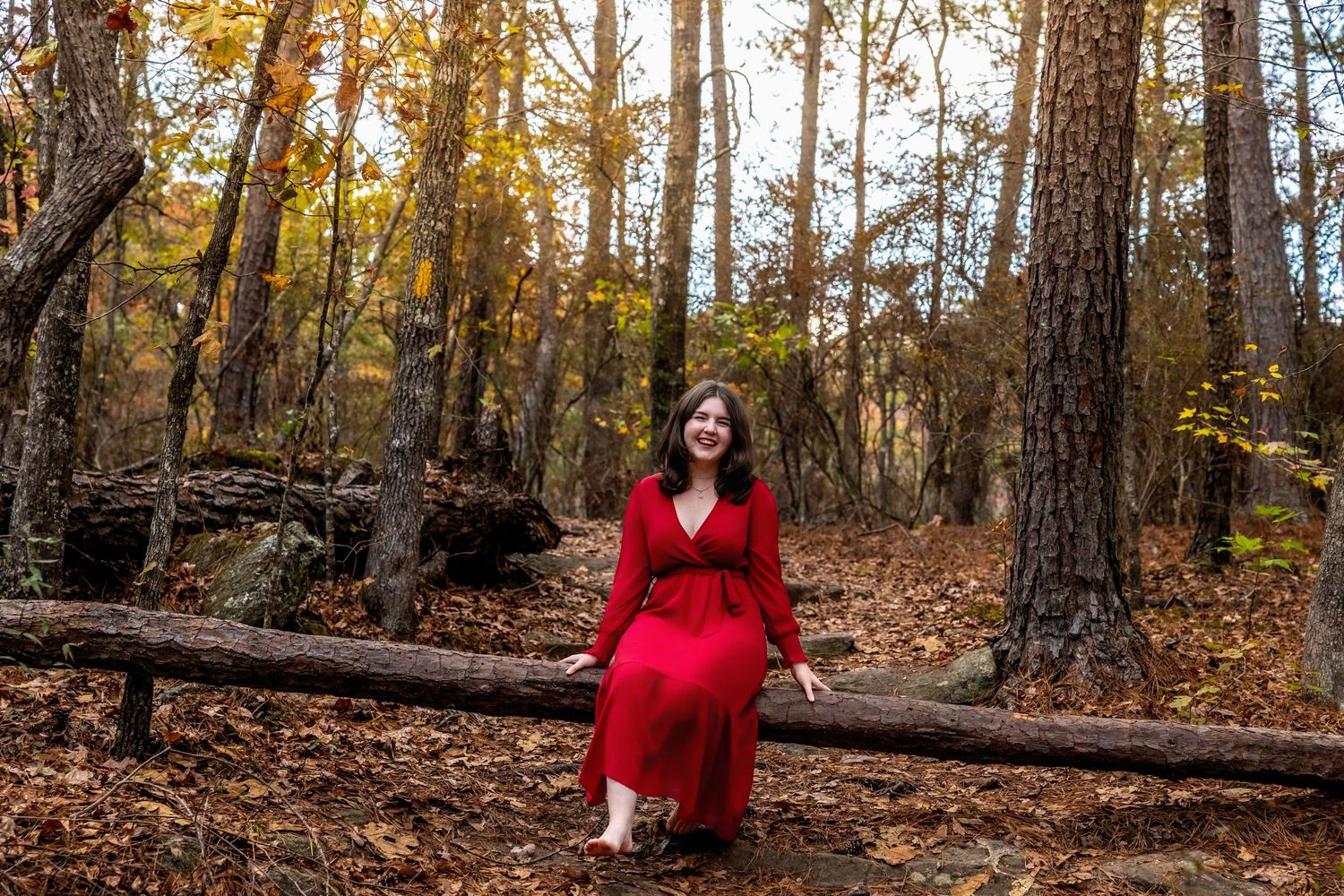A person in a bright red sweater walks through a scenic autumn forest with golden leaves and tall trees.