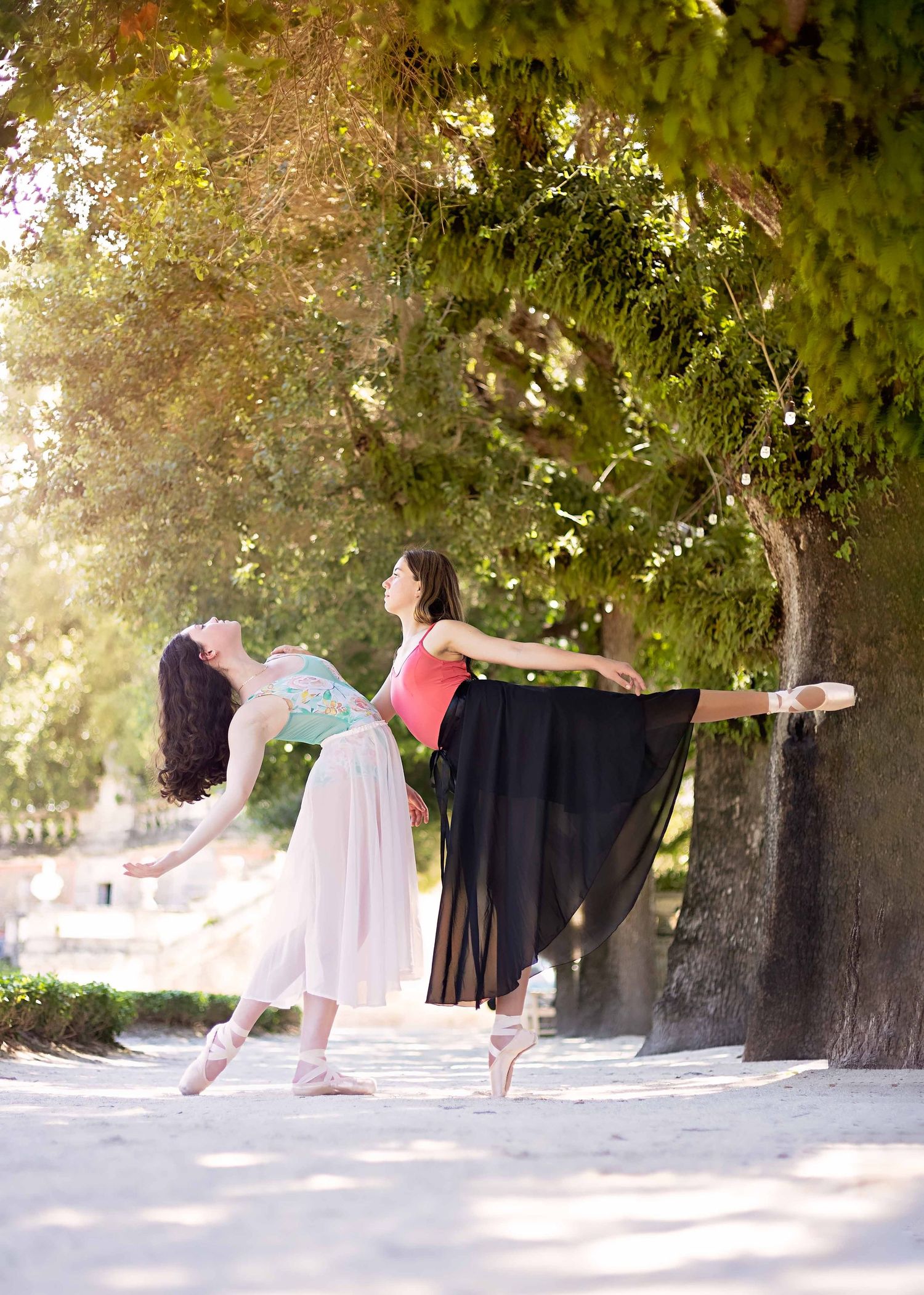 Artistic dance photo series with dancers in flowing dresses under a row of trees.
