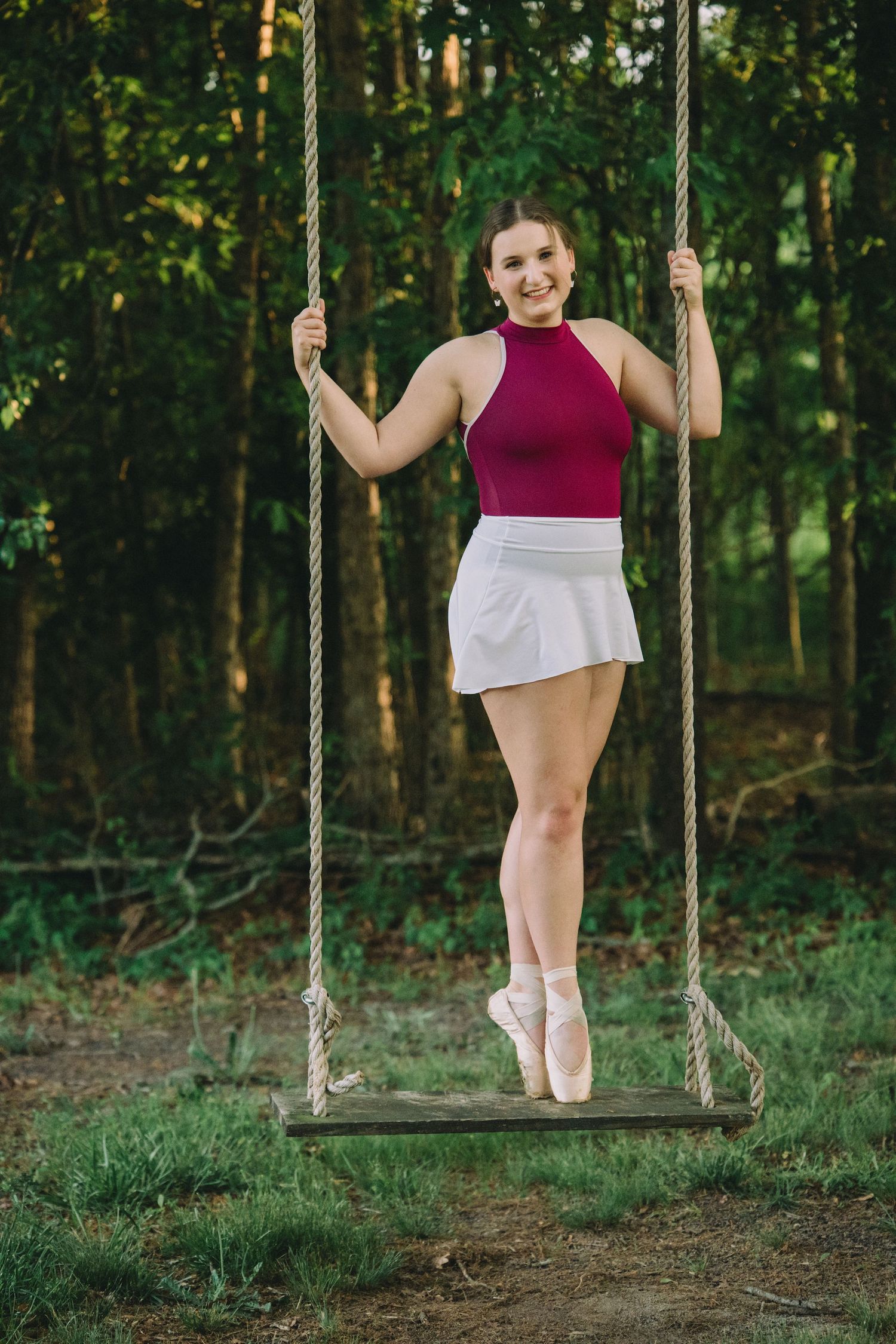 A sequence of three photos shows a person in a burgundy top on a wooden swing in a lush forest setting.