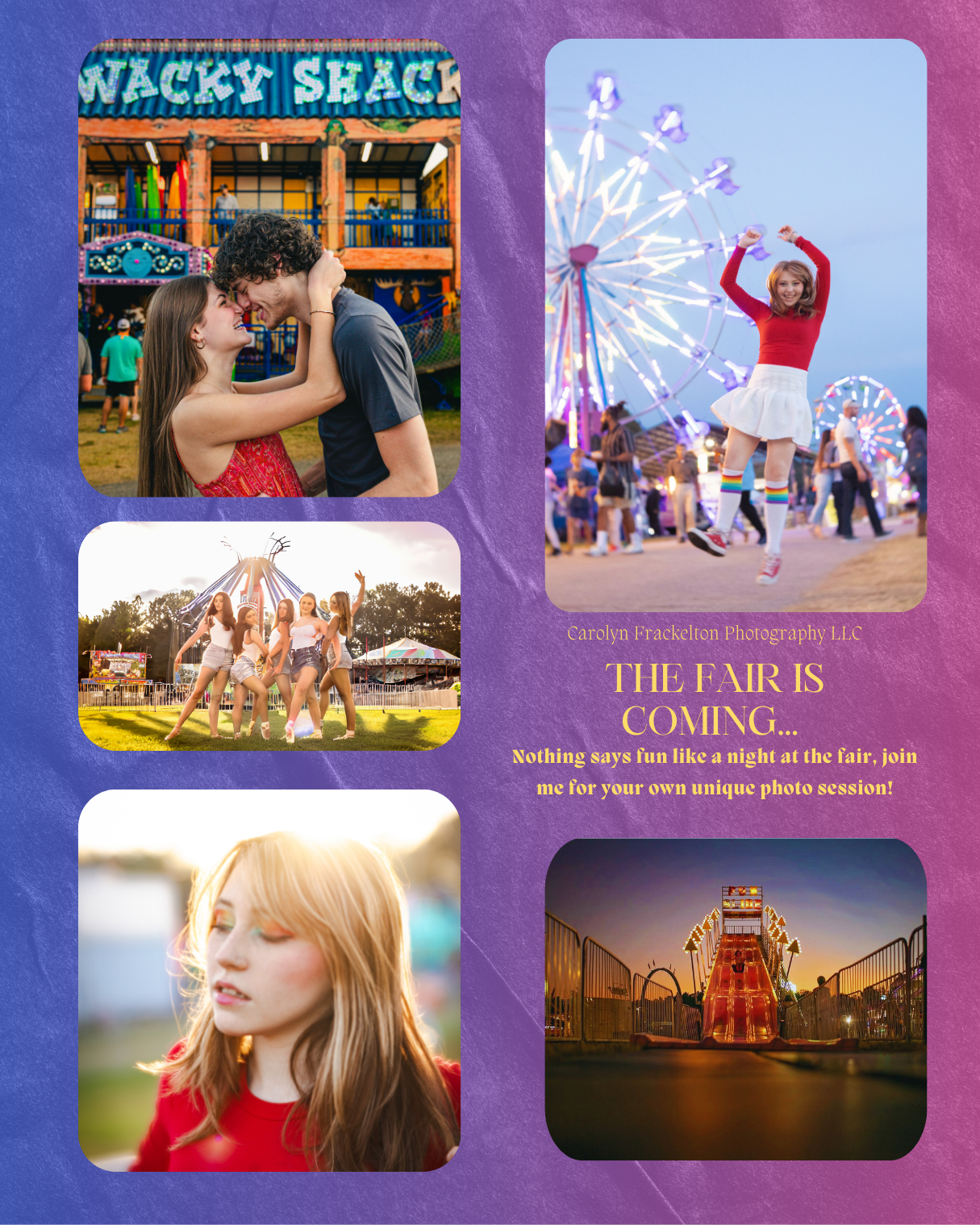 A collage of fair-themed photos featuring carnival rides and sunset scenes.