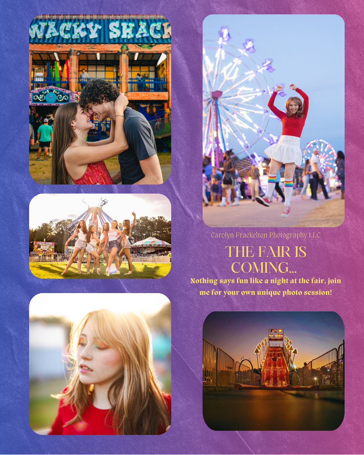 Collage of photos showing county fair scenes with rides, lights and carnival attractions at dusk.