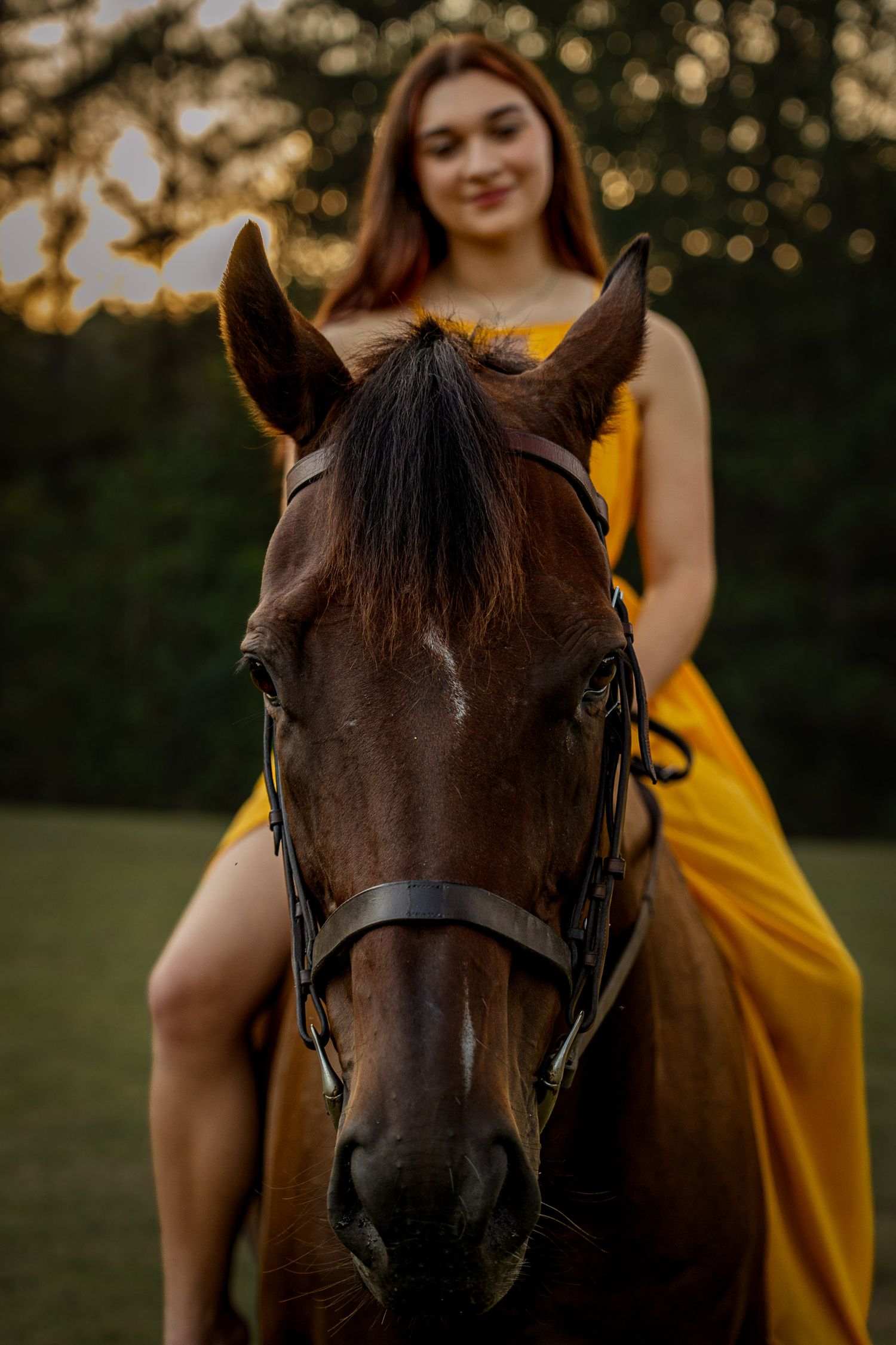Young woman in golden yellow dress riding a brown horse at sunset in a lush green field.