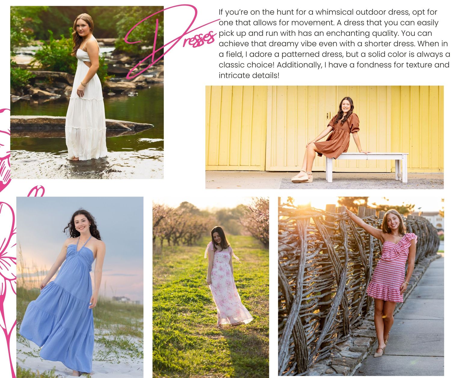 A collection of lifestyle fashion photos featuring flowy dresses and casual outfits in outdoor garden and beach settings.
