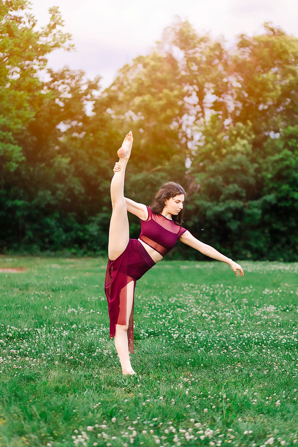 Ballet dancer executes high kick in burgundy dress against grassy field.