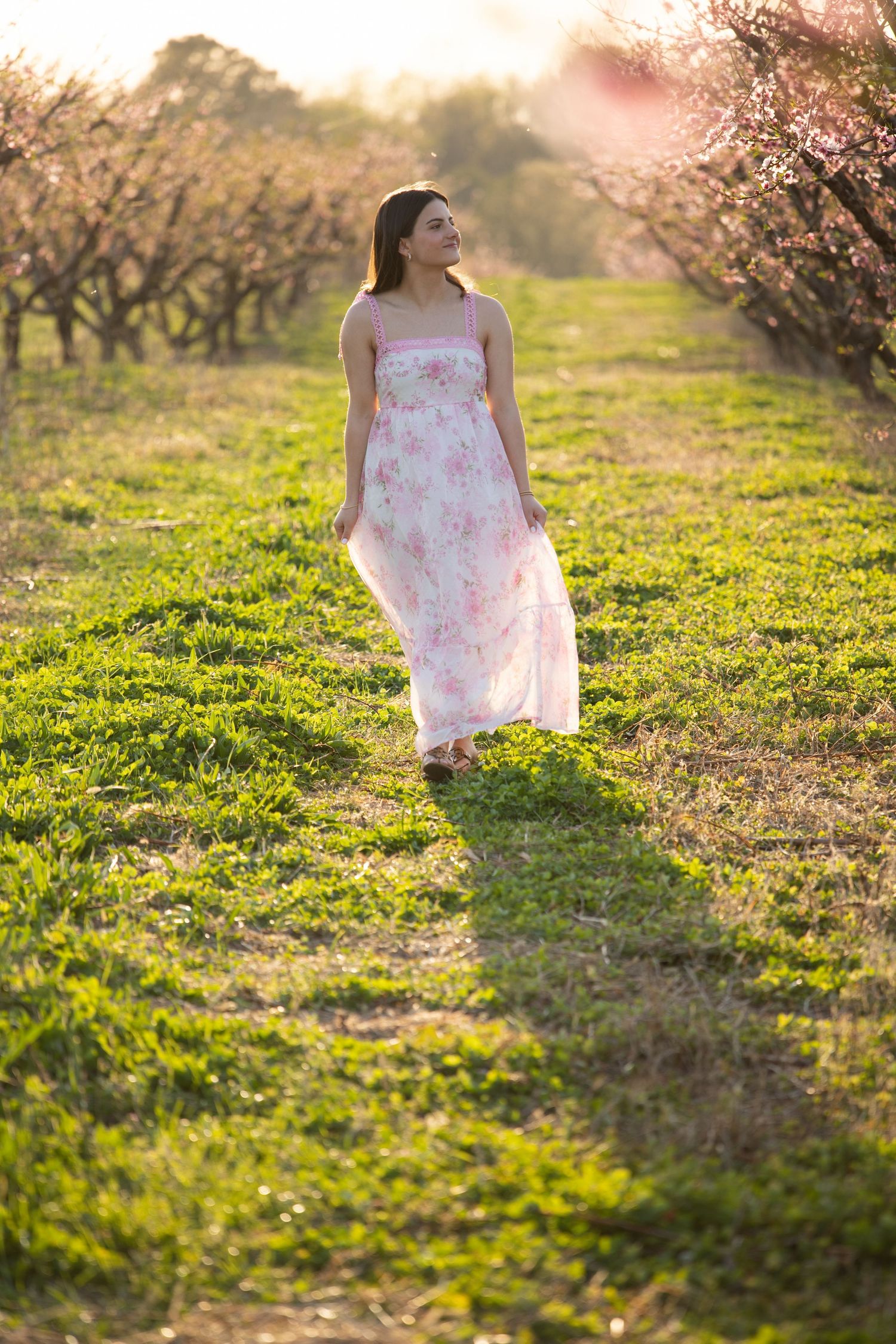 A person in a floral dress stands among blooming peach trees at sunset in a dreamy spring orchard setting.
