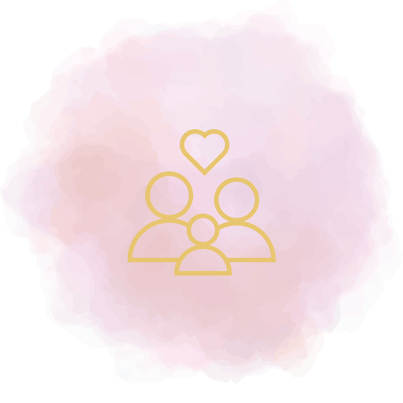 Simple icon of people figures with heart symbol on pink background.