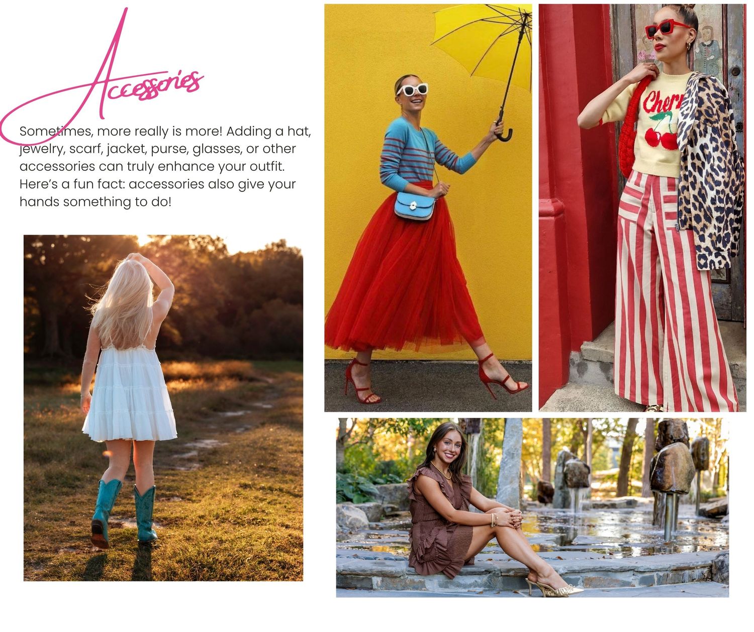 A collage of fashion photos showing colorful outfits with red skirts, striped dresses, and yellow umbrellas in outdoor settings.