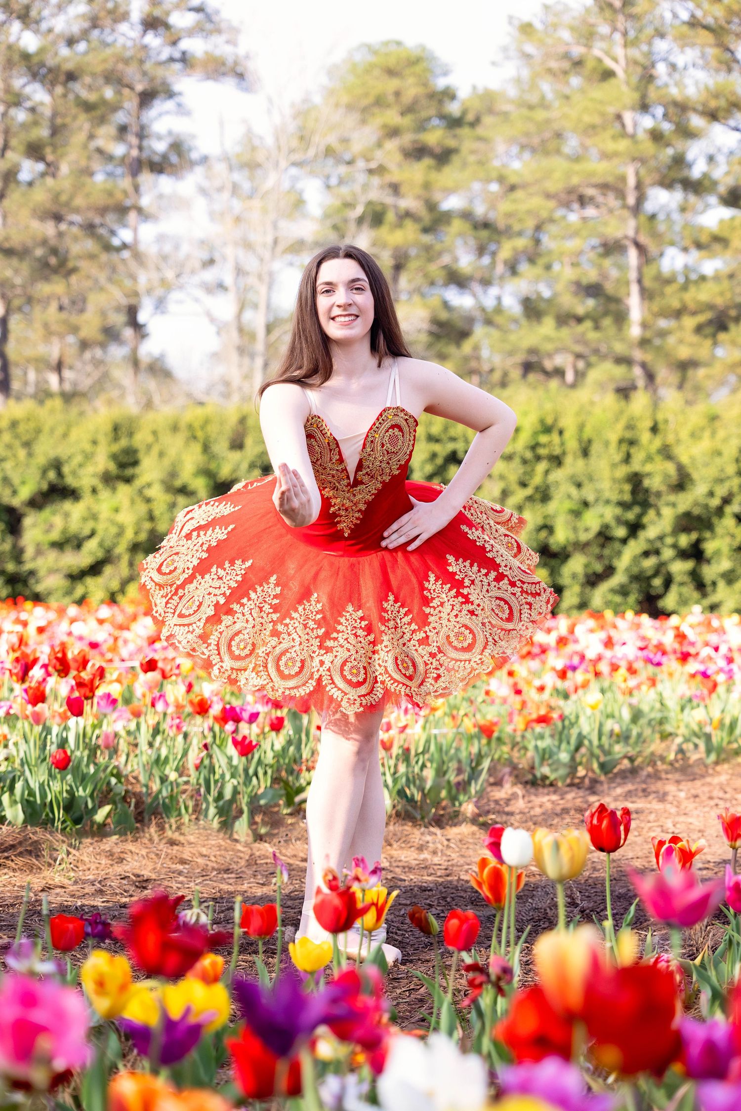 Dancer in red tutu dress poses gracefully among colorful spring tulip garden.