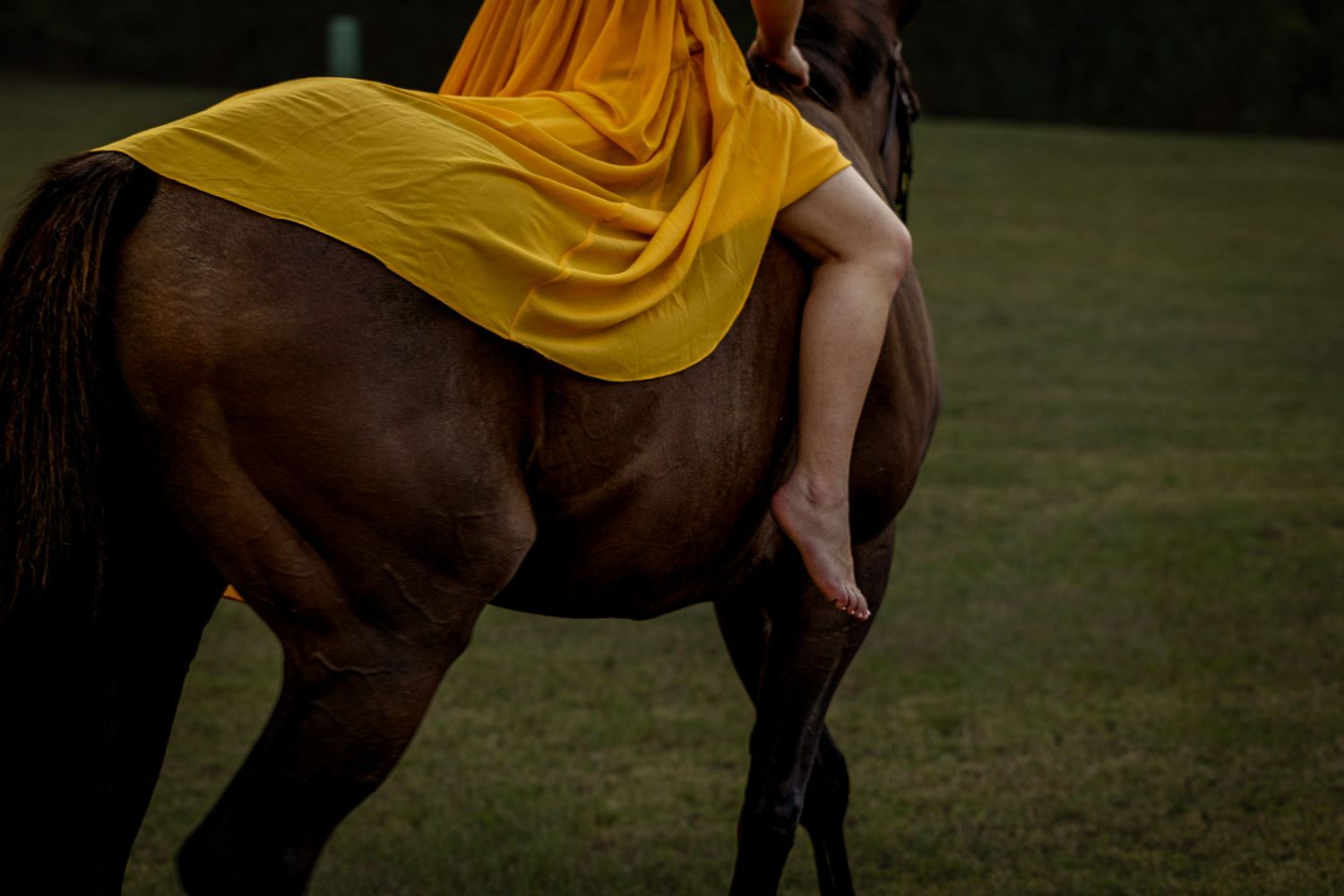 Person in yellow draped fabric riding a dark brown horse on a green grass field.