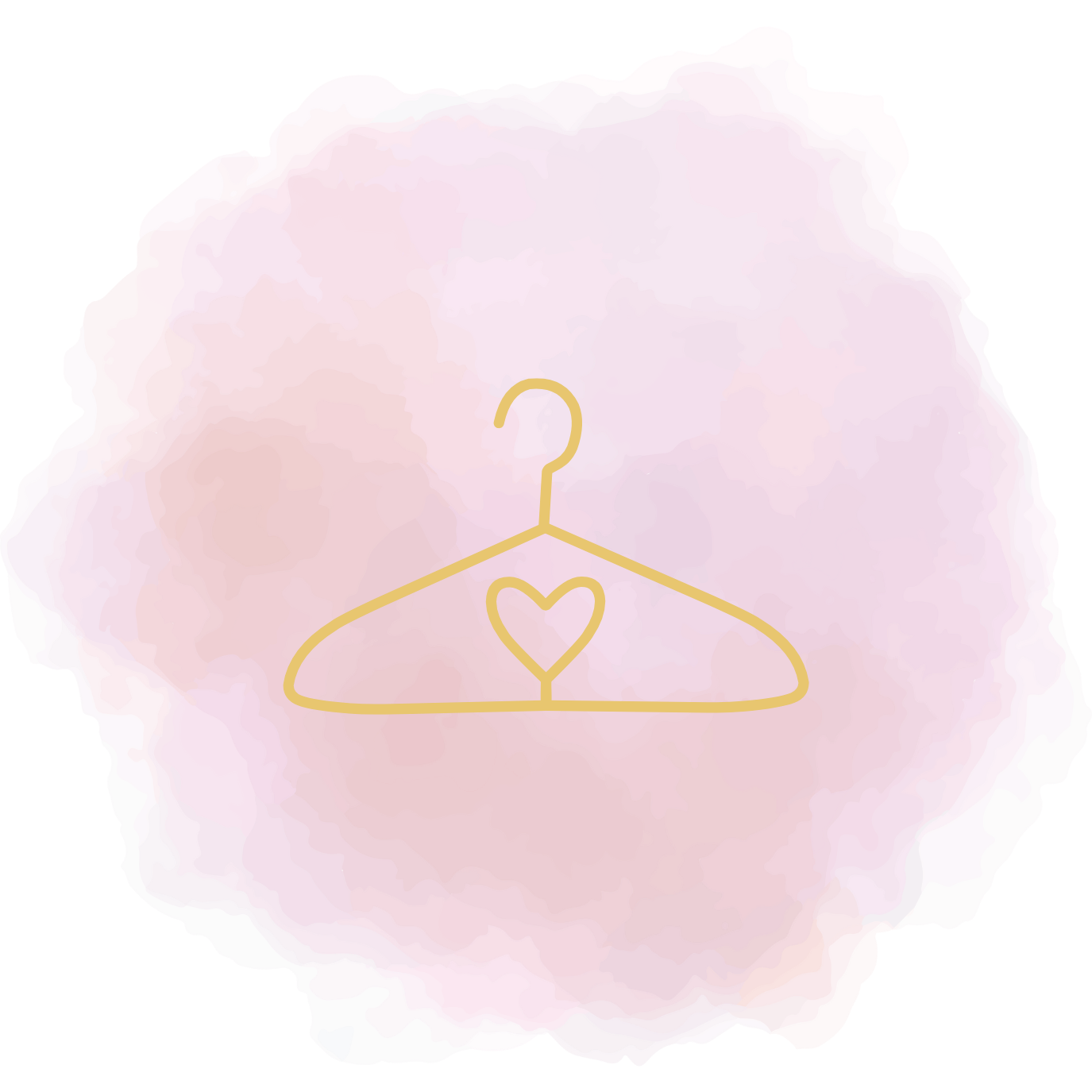 Gold hanger illustration with heart detail on pink watercolor background.