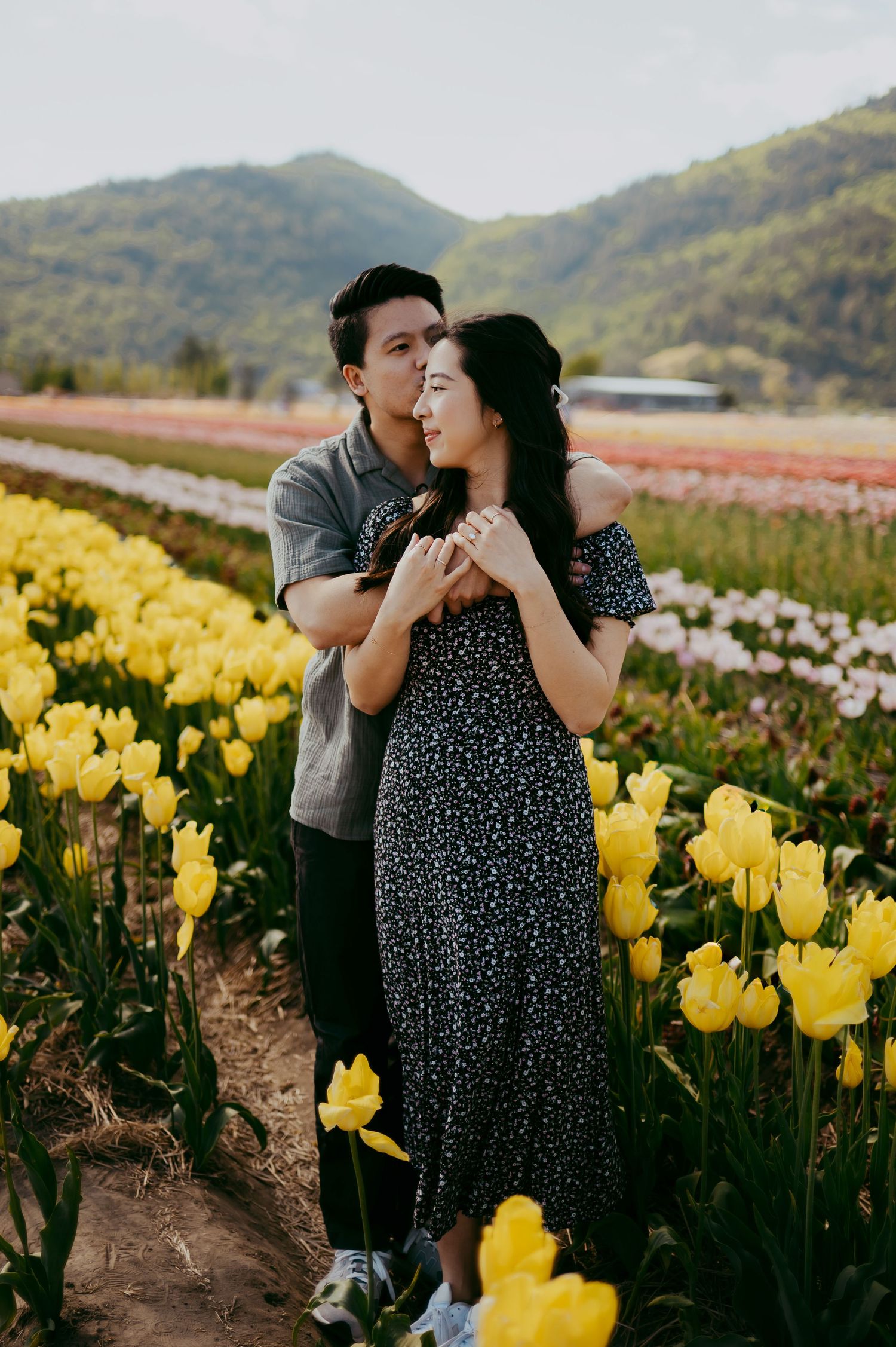 A couple shares romantic moments in a vibrant yellow tulip field with mountains in the background.