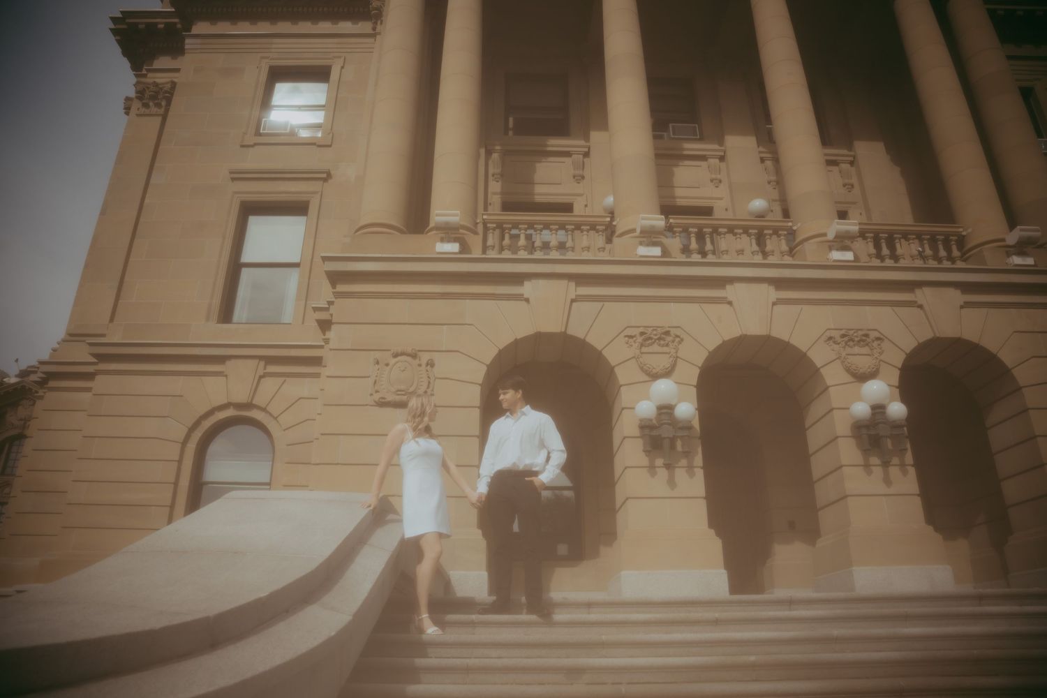 A series of wedding photos showing couples celebrating at an elegant beige stone building with classical architecture.