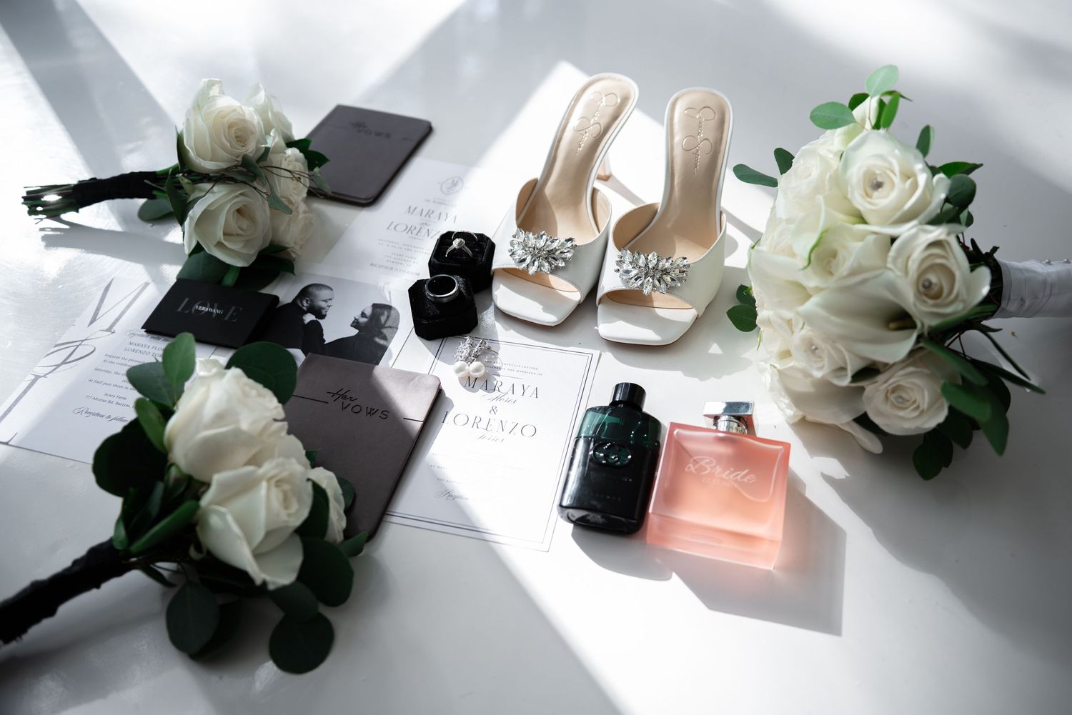 Palm Beach luxury wedding photographers captured this elegant flat lay during the getting-ready portion of the wedding day.