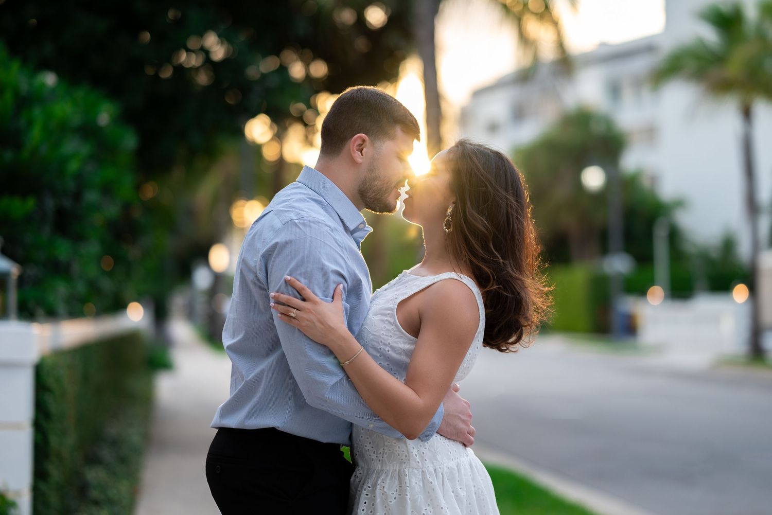 This golden hour engagement session provided sunrays shining between the couple's lips just before they kissed.