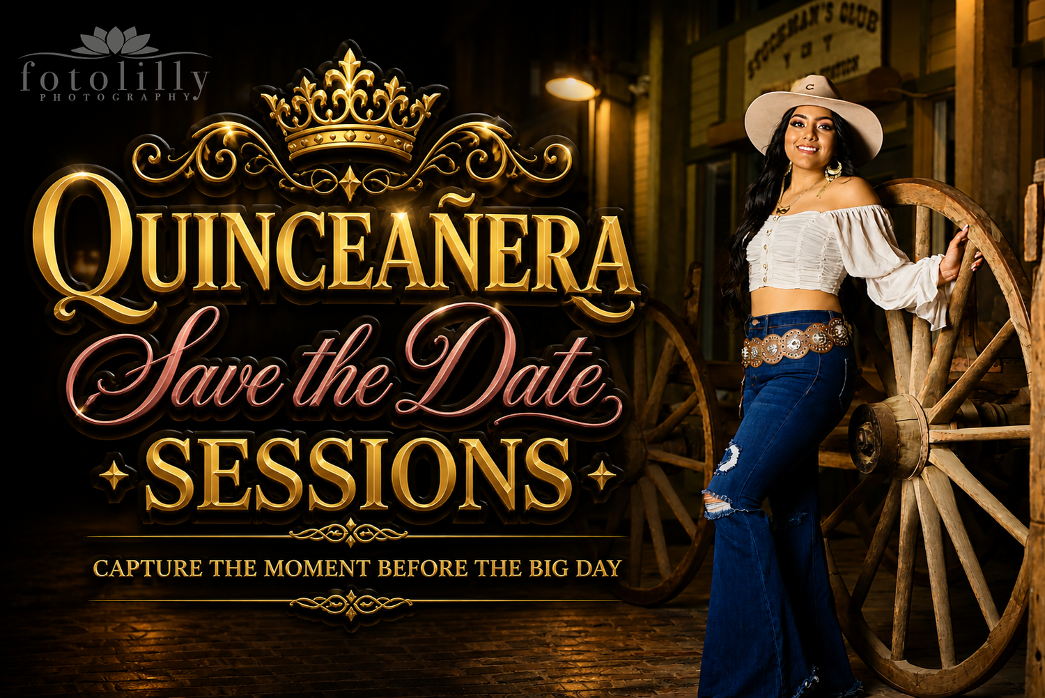 Quinceañera save the date photoshoot Dallas Fort Worth styled outdoor session full dress professional editing Fotolilly