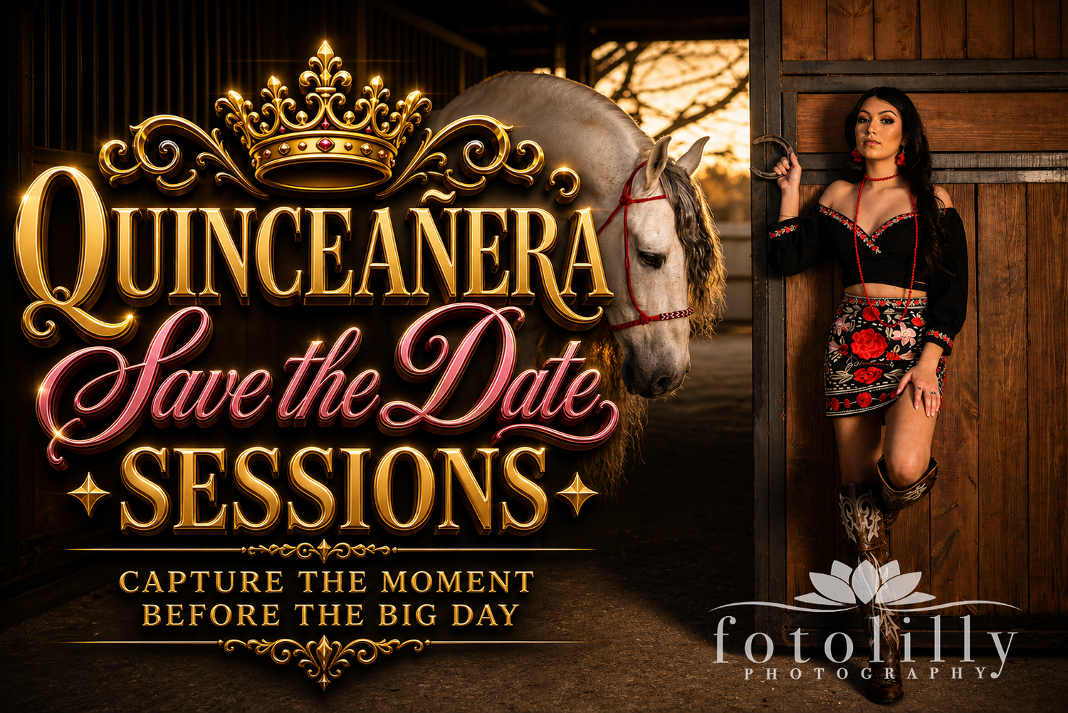 Dallas Fort Worth quinceañera save the date photoshoot elegant outdoor scene full dress professional editing Fotolilly Photography