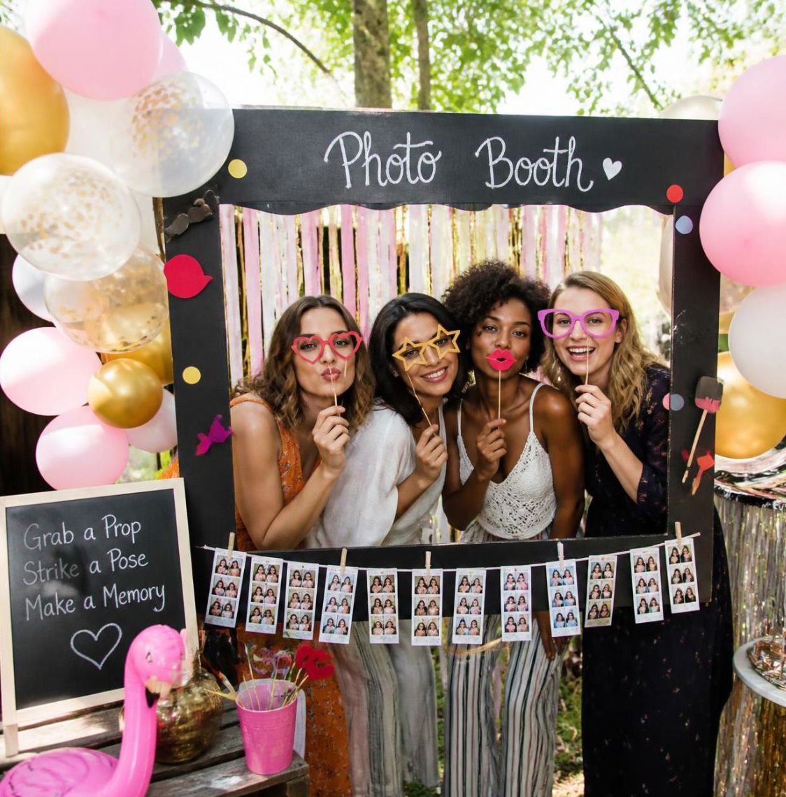 DIY Quinceañera photo booth setup with iPad, ring light, props and backdrop for affordable reception entertainment and guest pictures now