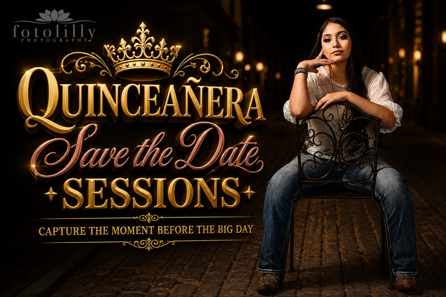 Quinceañera save the date session DFW golden hour outdoor shoot styled posing full dress Fotolilly Photography