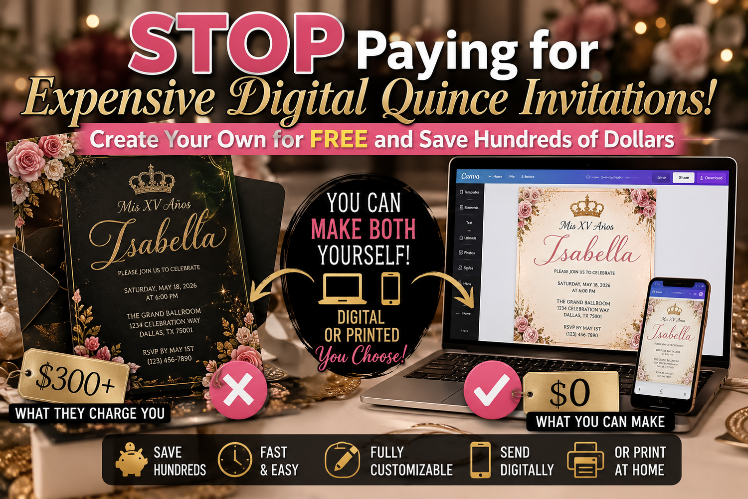 Affordable Quinceañera photo booth with DIY backdrop and props for parents searching for ways to save money on reception entertainment now