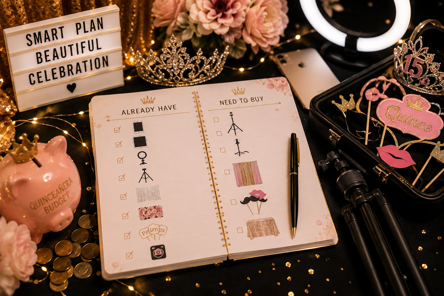 Build your own Quinceañera photo booth with an iPad, ring light and backdrop for a budget-friendly reception activity guests will love XV