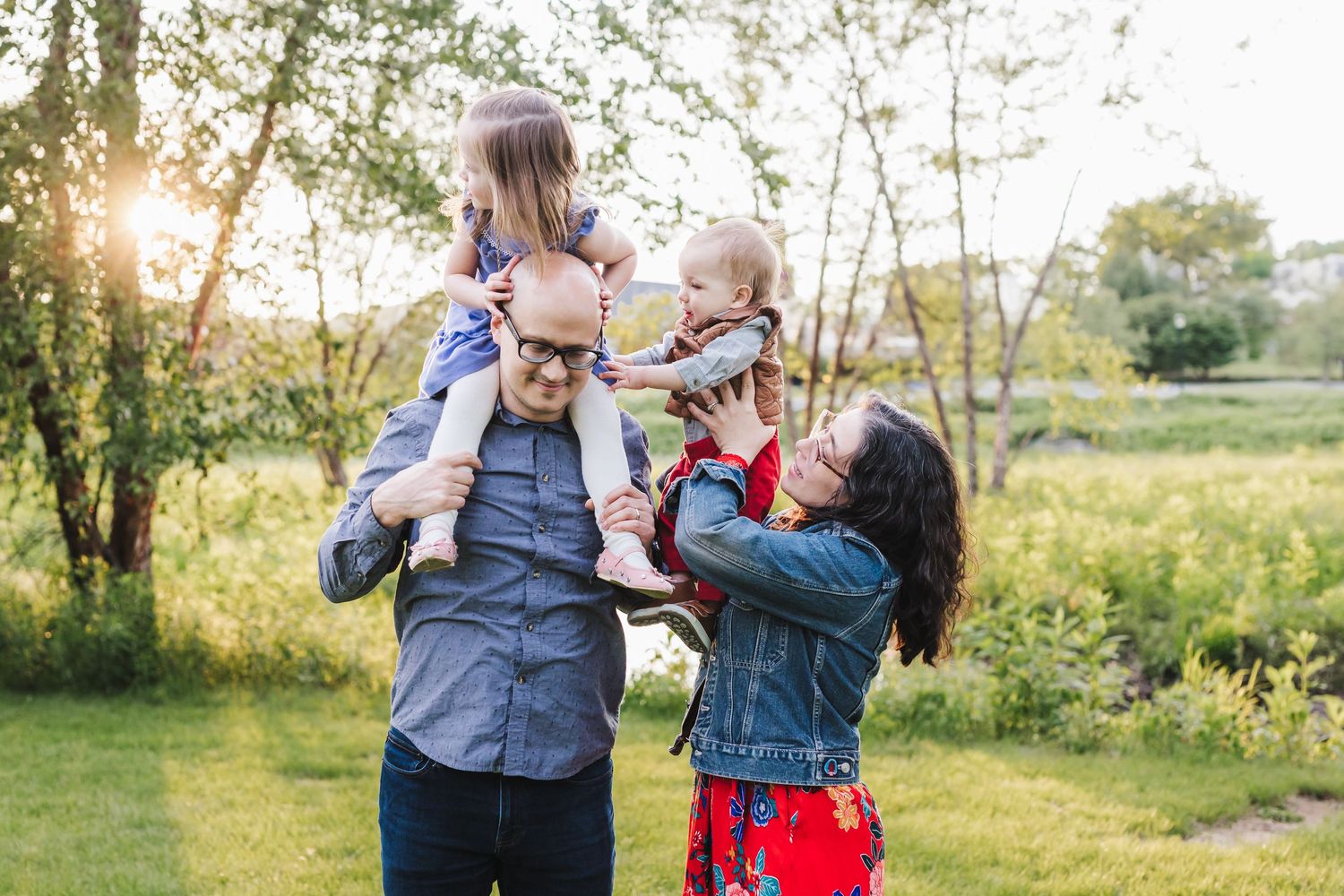 A candid series of photos shows a playful interaction between two people outdoors during golden hour in a natural setting.