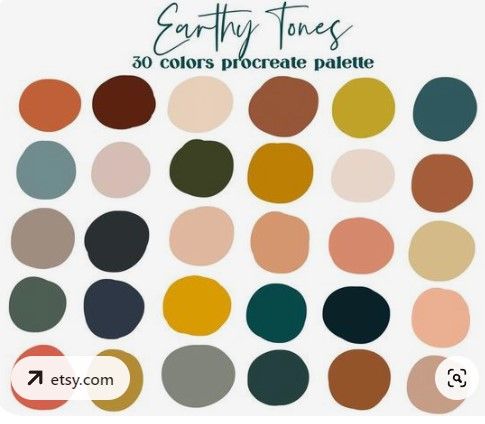 Earthy color palette with 30 muted tones including browns, greens, and peachy hues arranged in circles.